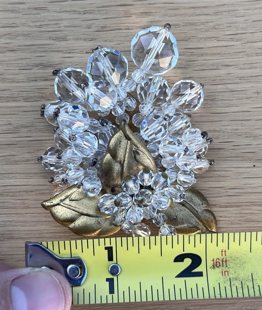 Antique 1930s Fur Dress Clip Brooch Clear Glass Cut Beads Grape Cluster Leaves
