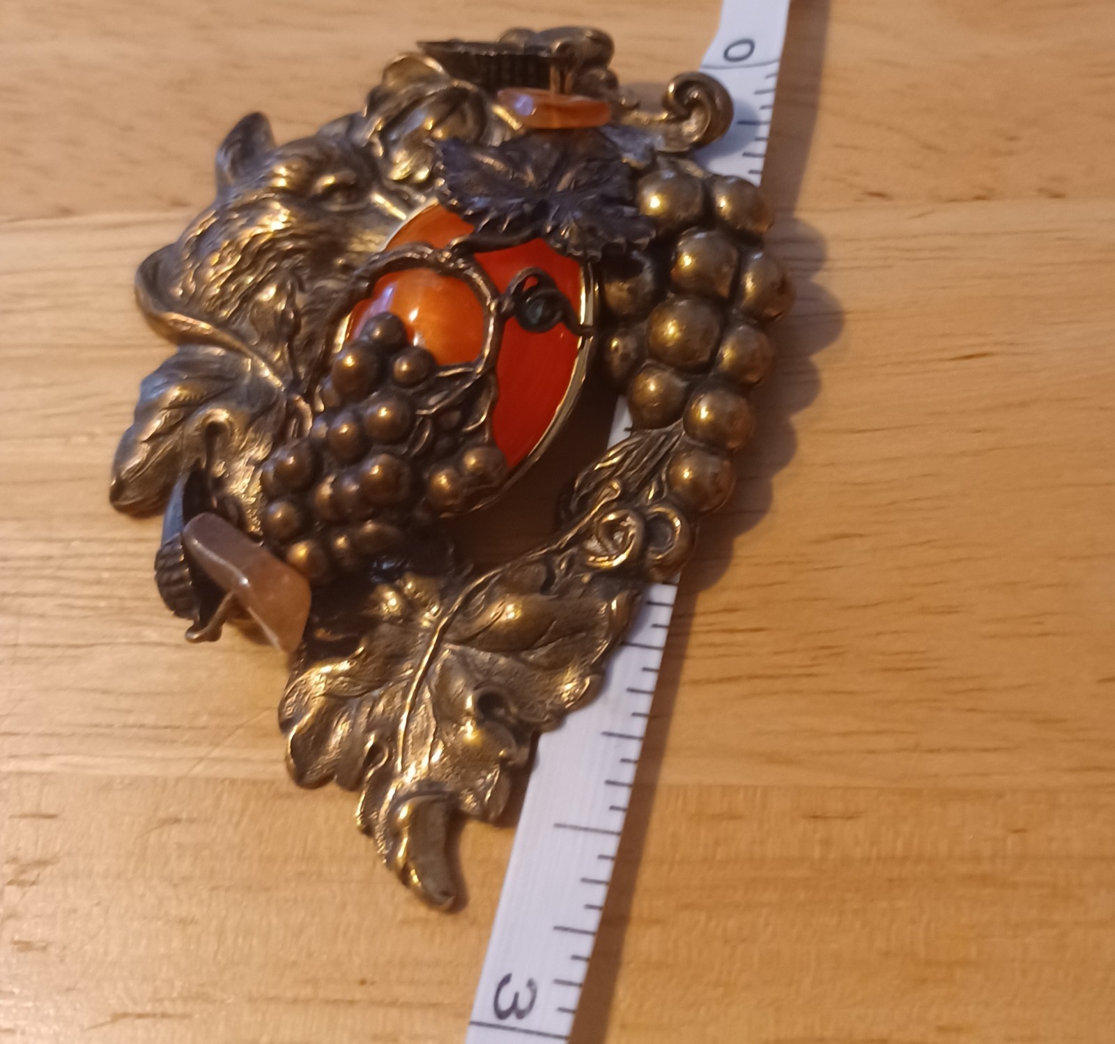 Vintage 3 D Nature Themed Brass Brooch. Not Sure What The Stone Is
