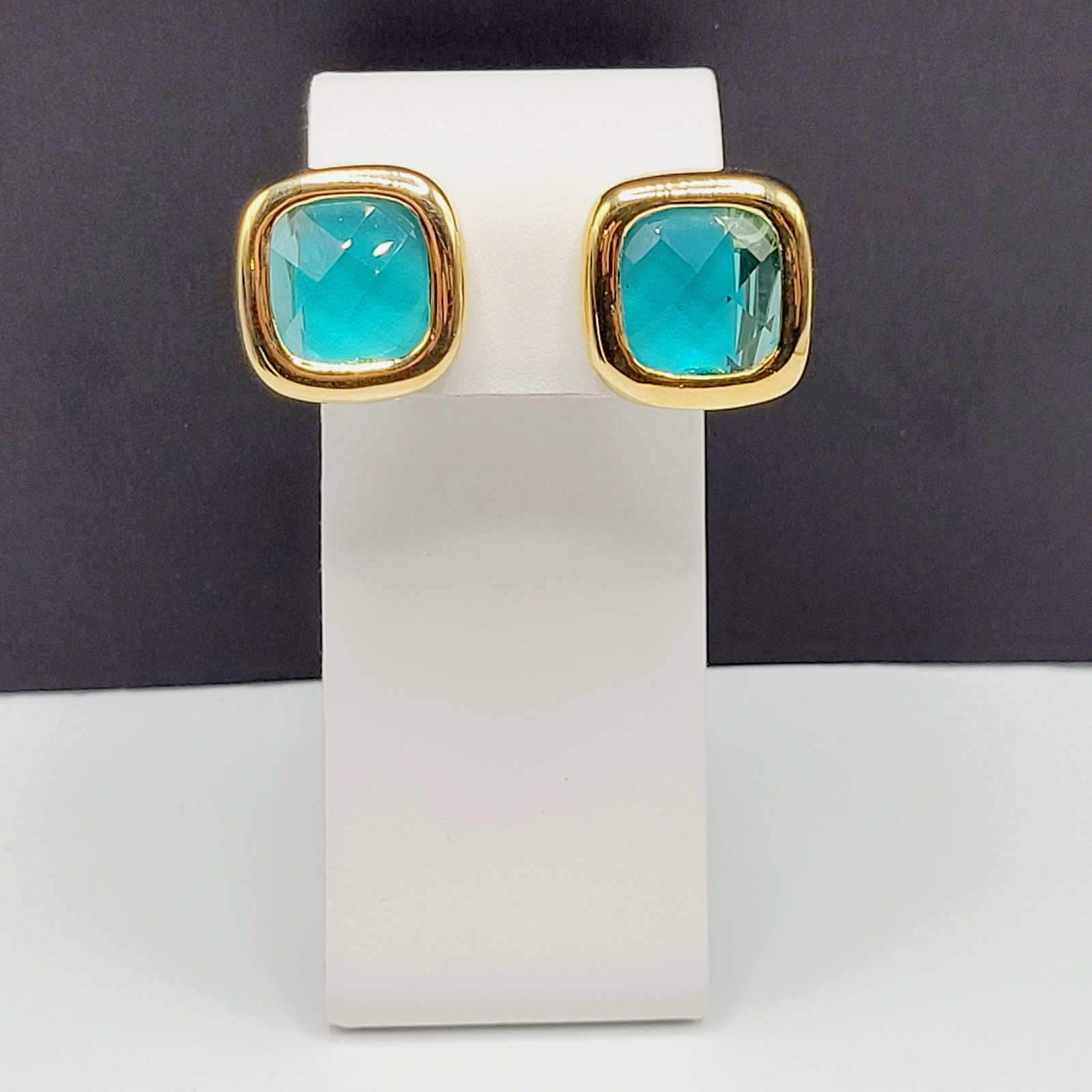 Aqua Light Blue Green Faceted Glass Soft Square Gold Tone Bezel Clip On Earrings