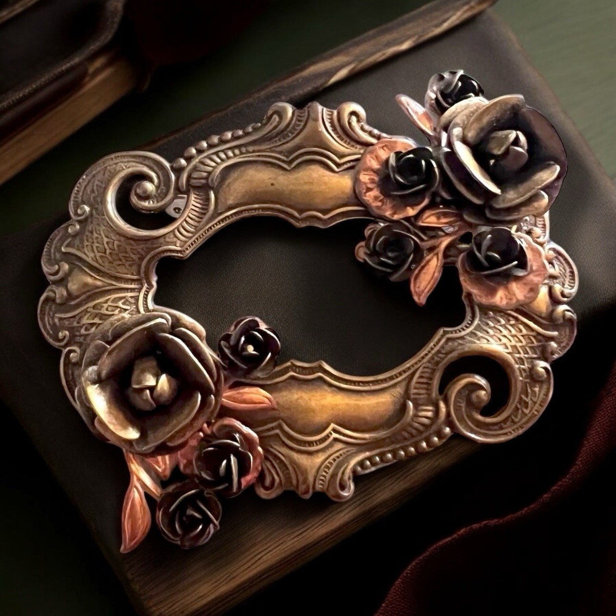 Victorian Revival L Rose Brooch Mixed Metal Gothic Vintage Dark Academia