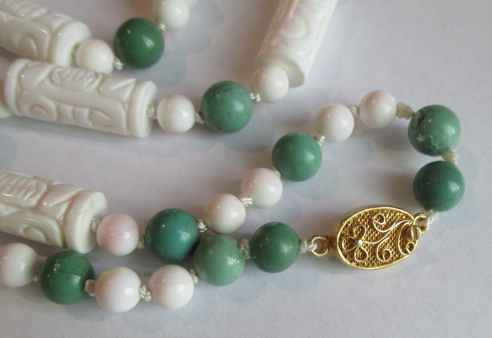 VINTAGE CARVED SHOU BARREL CONCH SHELL CORAL TURQUOISE BEAD NECKLACE STERLING
