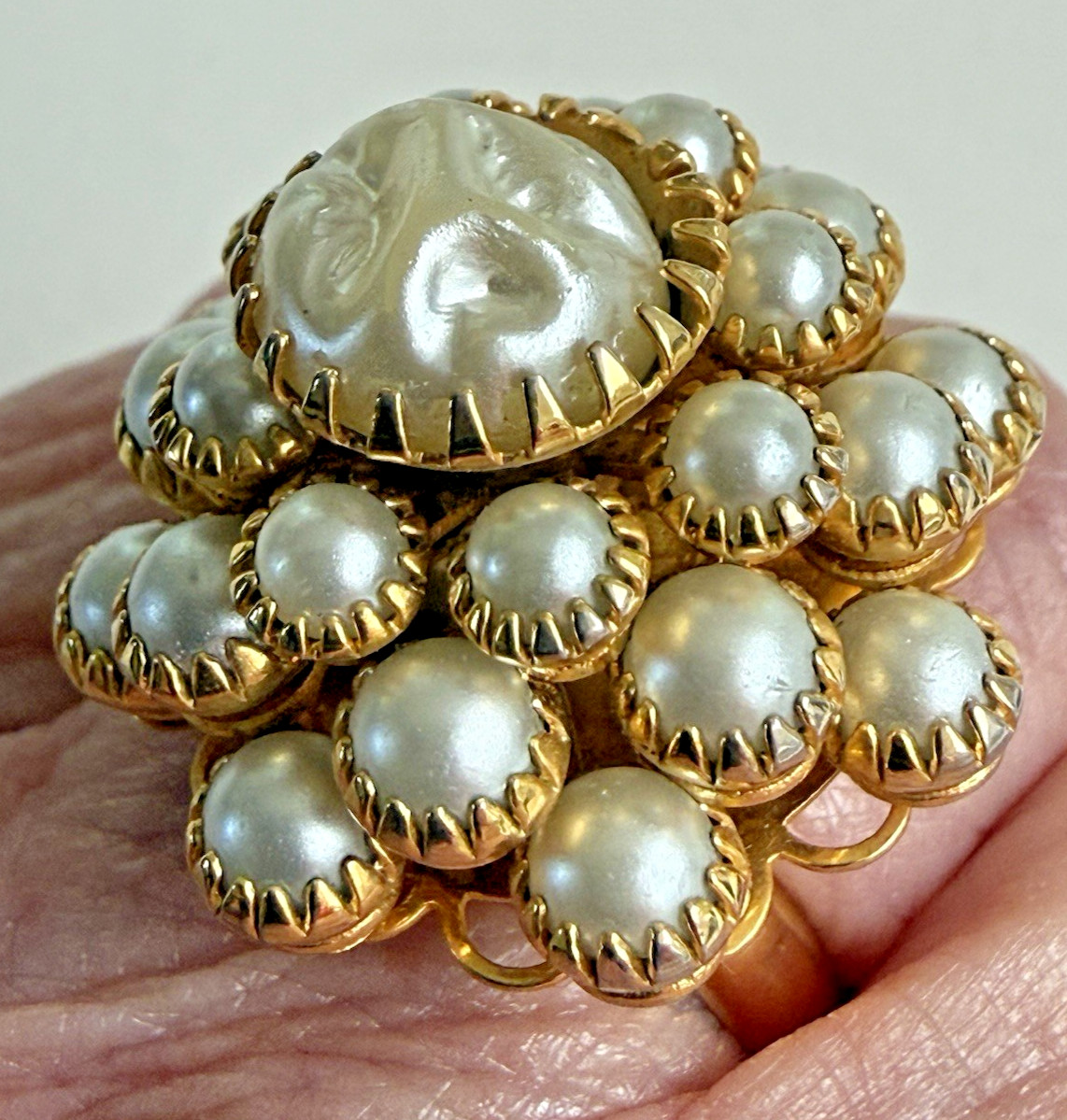 VTG Signed Judy Lee Faux Pearl Dome Cluster Cocktail Ring Adjustable Gold-Tone