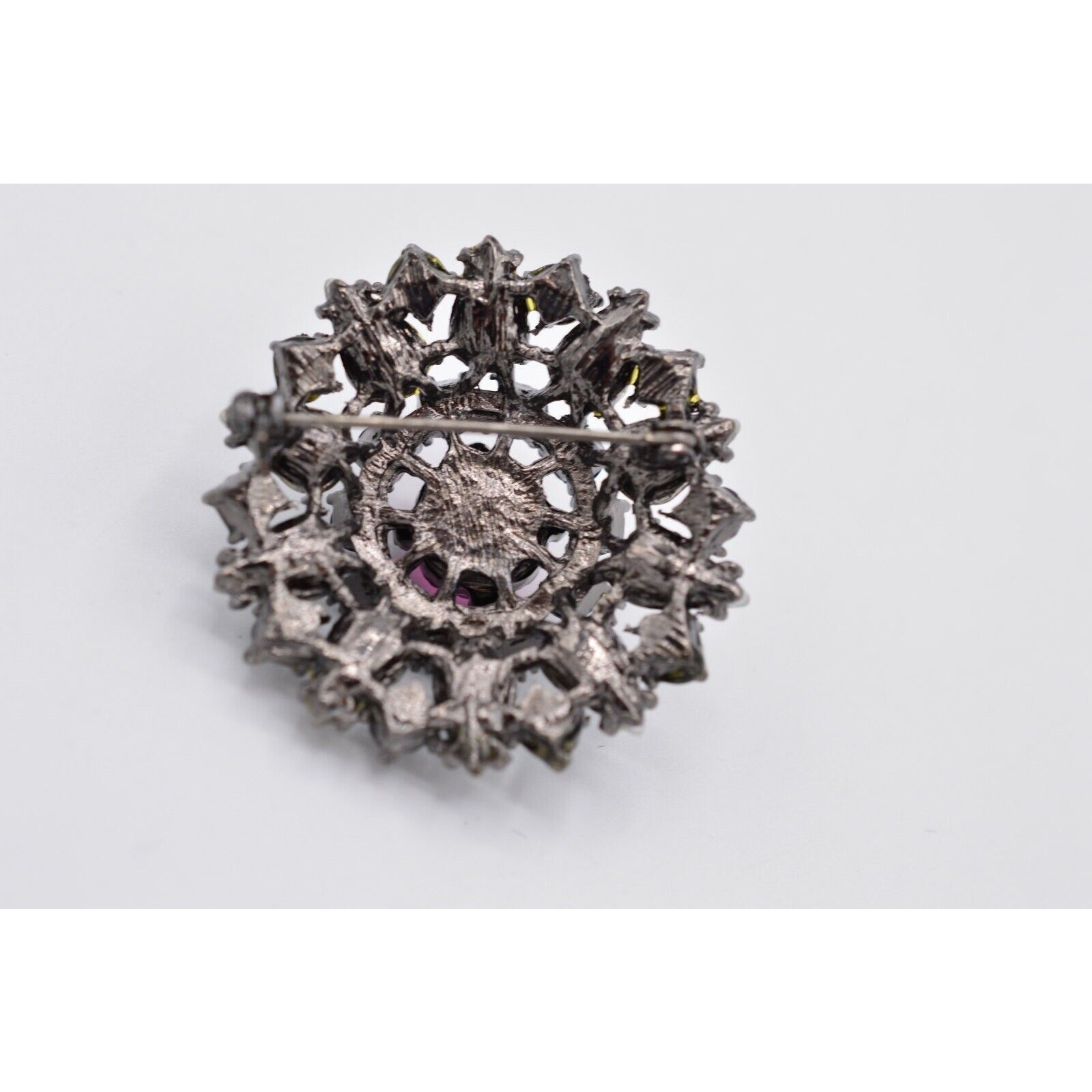 Vintage Pink Crystal Starburst Pin Brooch Rhinestone Black Gunmetal 1980s Bin5B