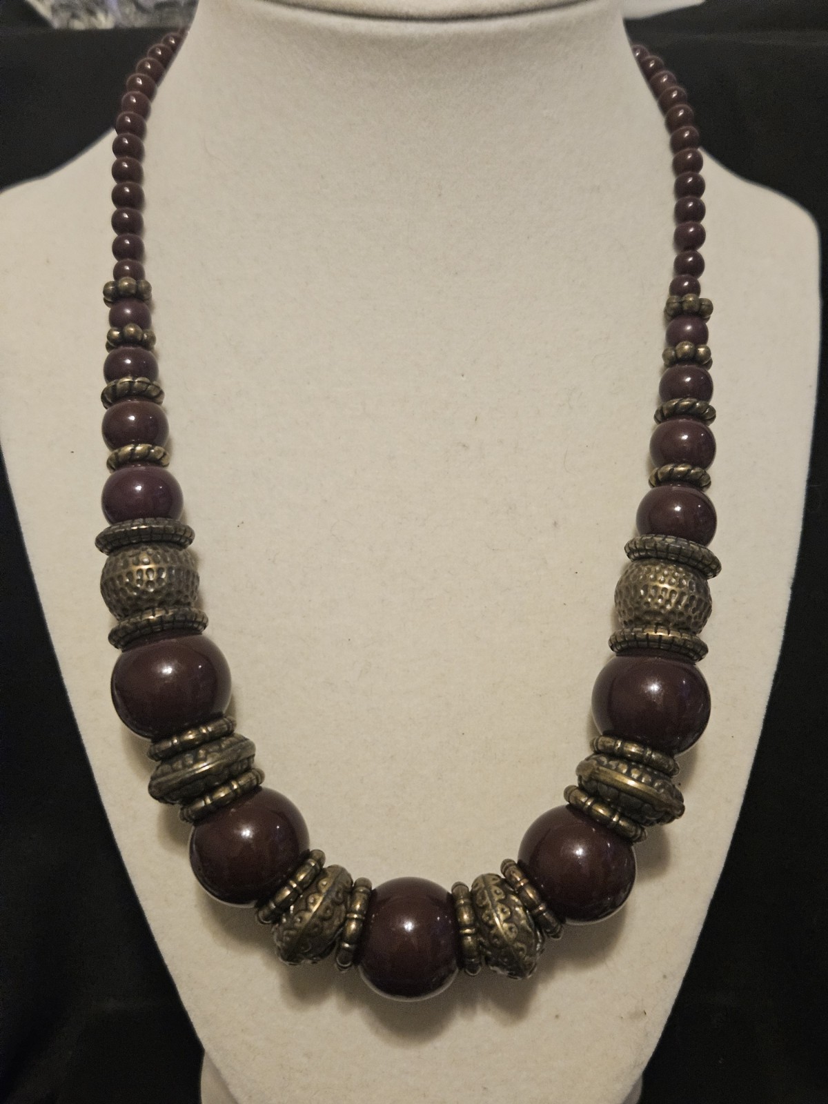 Vintage Beaded Necklace Featuring Brown Beads With Gold-tone Brass Spacers