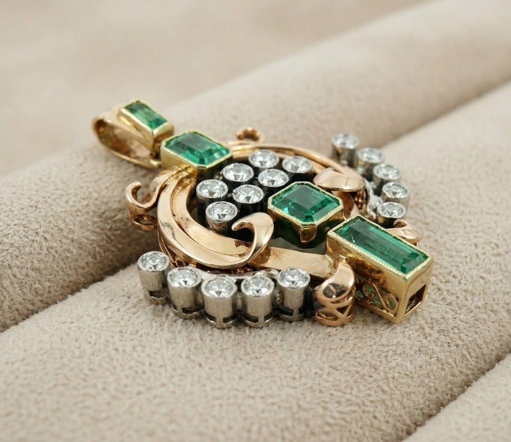 Antique 3.10CT Emerald Cut Real Emerald Pendant Vintage 14K Two-Tone Gold Finish
