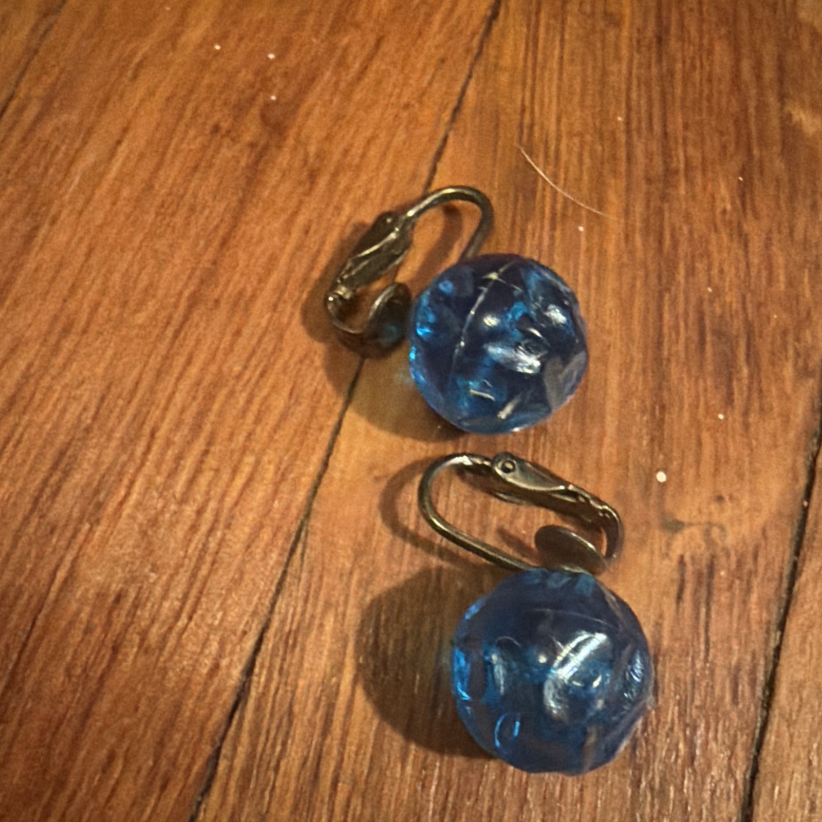 Antique Art Deco Blue Moulded Crackle Bead Satoir Necklace earrings Set Vintage