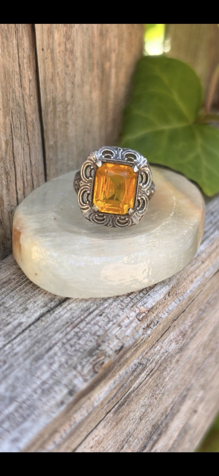 Citrine Checkerboard Sterling Silver Ring Antique Vintage Size 4.25 Nice !!!