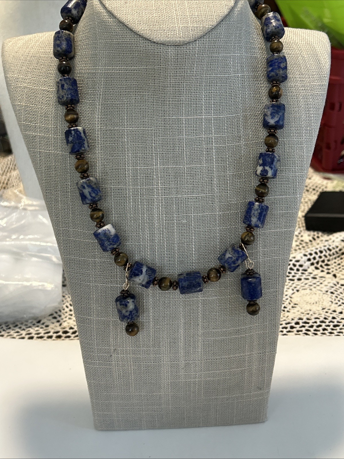 Lapis Lazuli & Tigers Eye Gems Necklace 20” Pierced Earrings 1 3/4” By 1/4”
