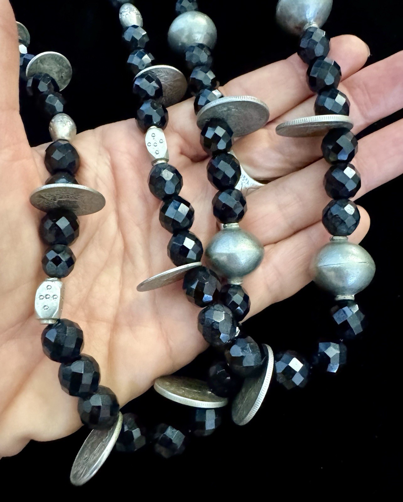 Antique Silver Cross Milagro Charm Necklace, Guatemalan Coins, Black Jet Beads