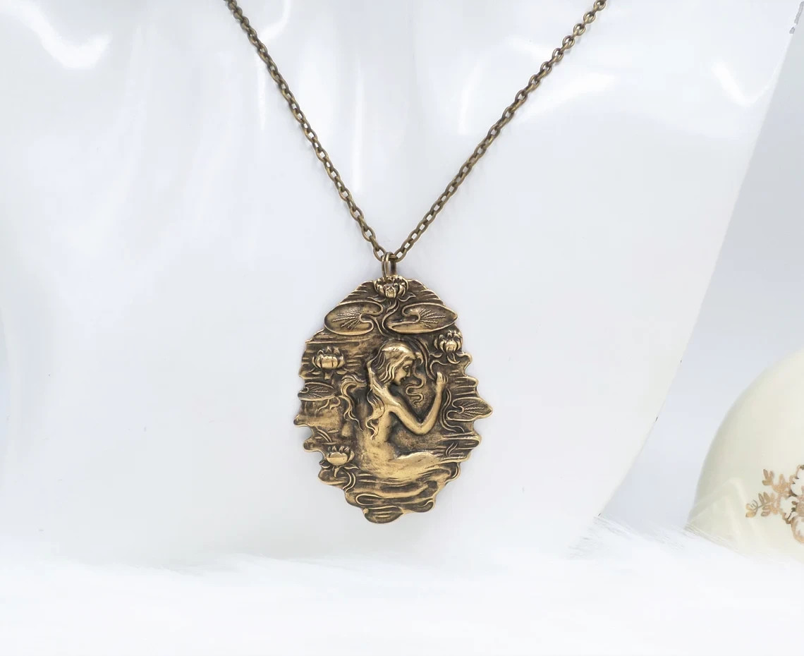 Art Nouveau Water Nymph Necklace: Vintage Style Brass Goddess Pendant with Lotus