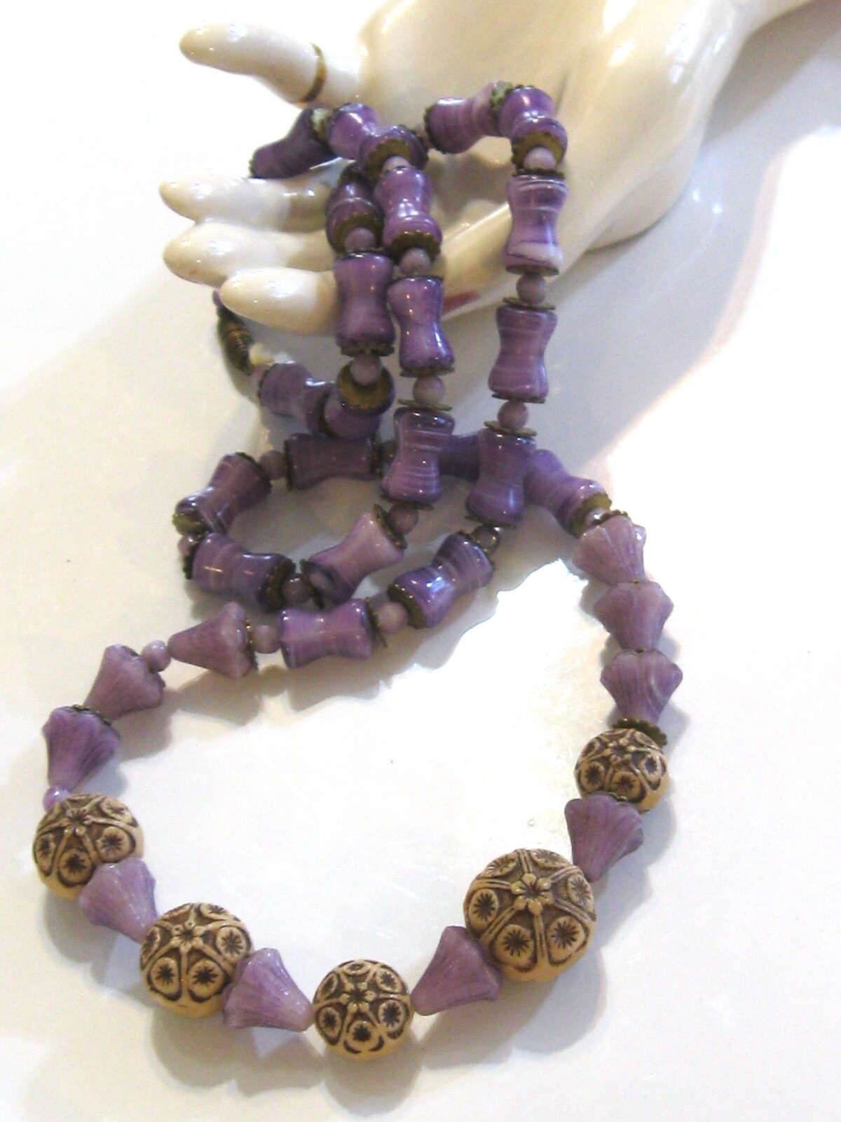 NEIGER BROS ANTIQUE ART DECO CZECH GLASS BEAD NECKLACE RARE PURPLE TAN FLORAL