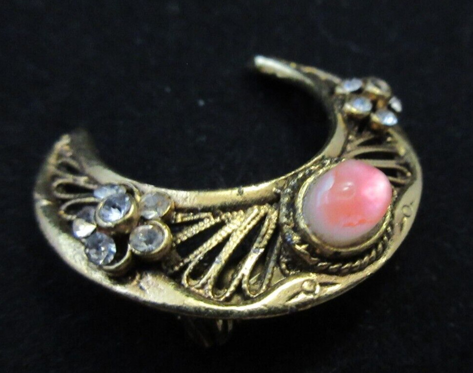 Vintage Tacoa Signed Crescent Moon Shape Clear Rhinestone Pink Cab Brooch