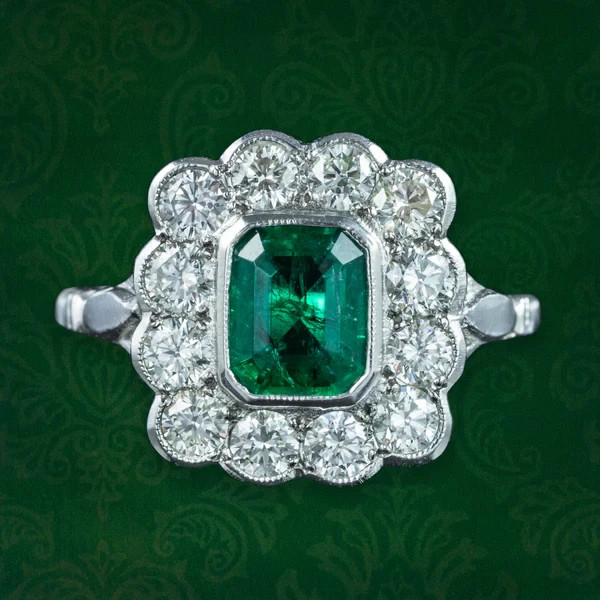 Art Deco 3.30Ct Natural Emerald Vintage Wedding Ring 14K White Gold Finish