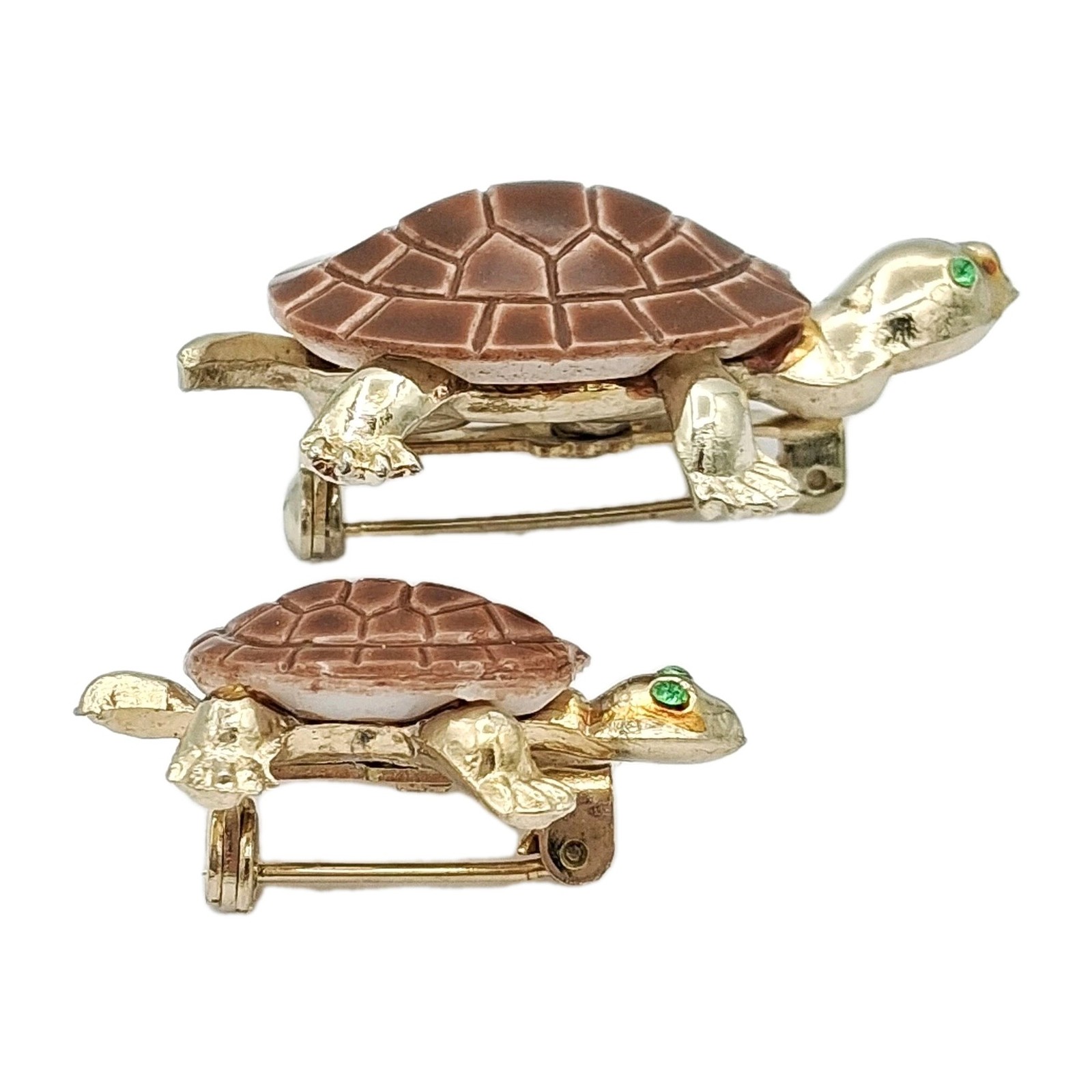 Vtg Gold Tone Turtle Brooch Set Ceramic Porcelain Shell Figural Pins Pair