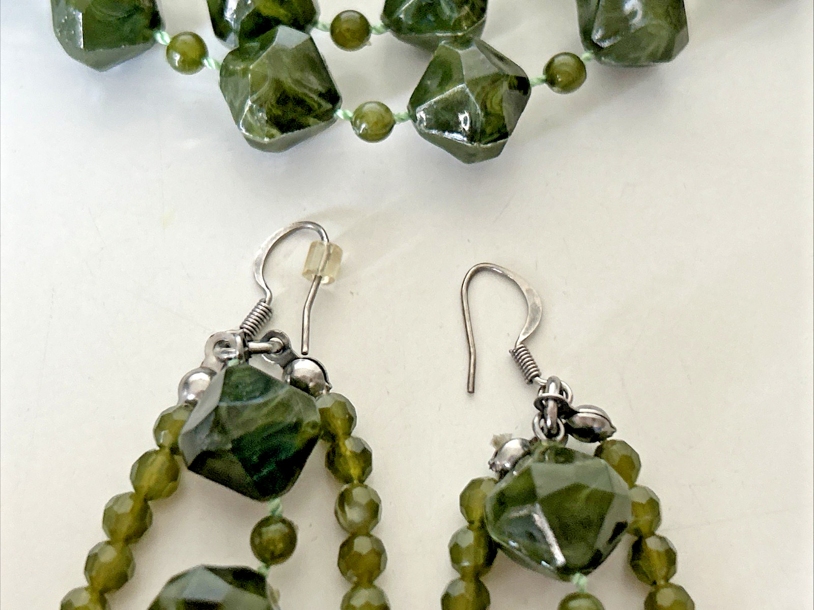 Vintage Long Lightweight Green Triple Beaded Necklace Earring Set