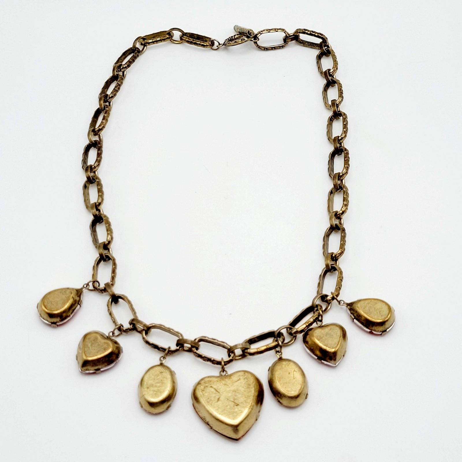 Red Acrylic Gem Statement Red Heart Brass Tone Large Link Vintage Necklace 17 In