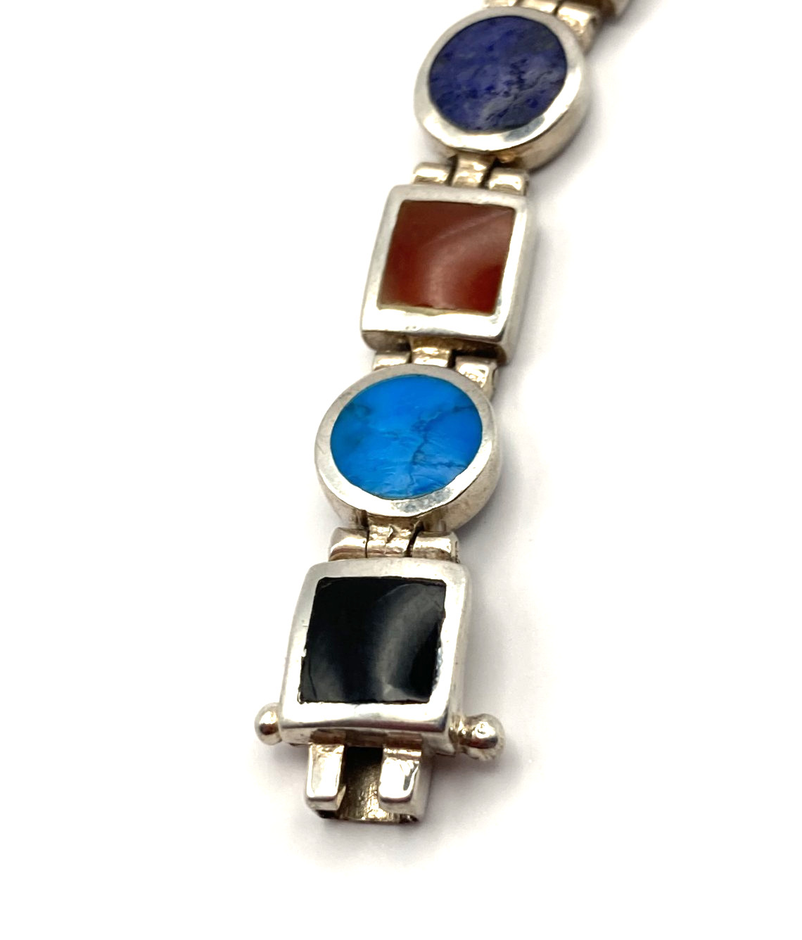 Vintage Sterling Silver Multi-Gemstone Signed Link Bracelet-Hinged-Flexible