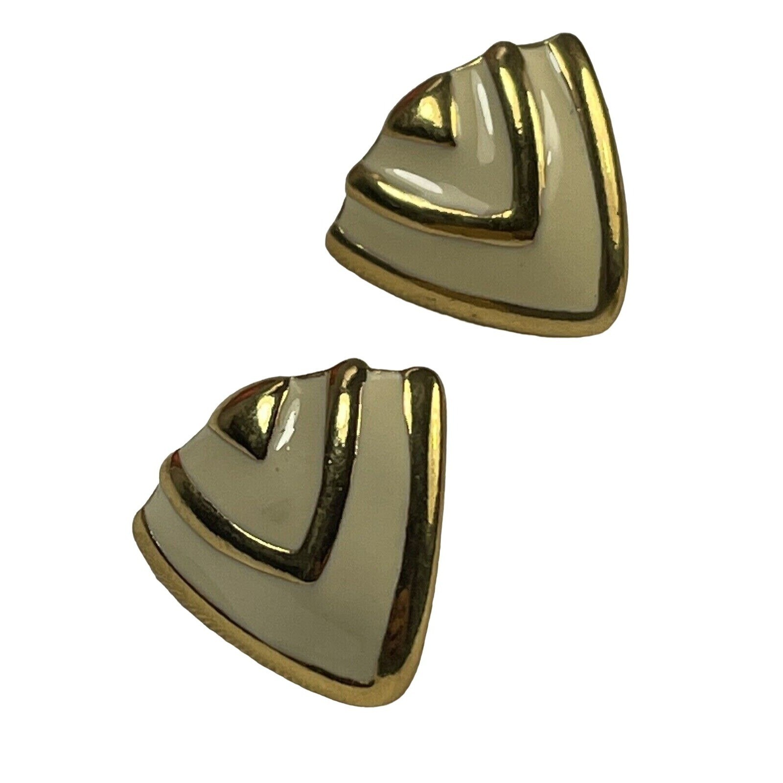 FABULOUS Off White Enamel And Gold Tone MODERNIST Triangular DESIGNER EARRINGS