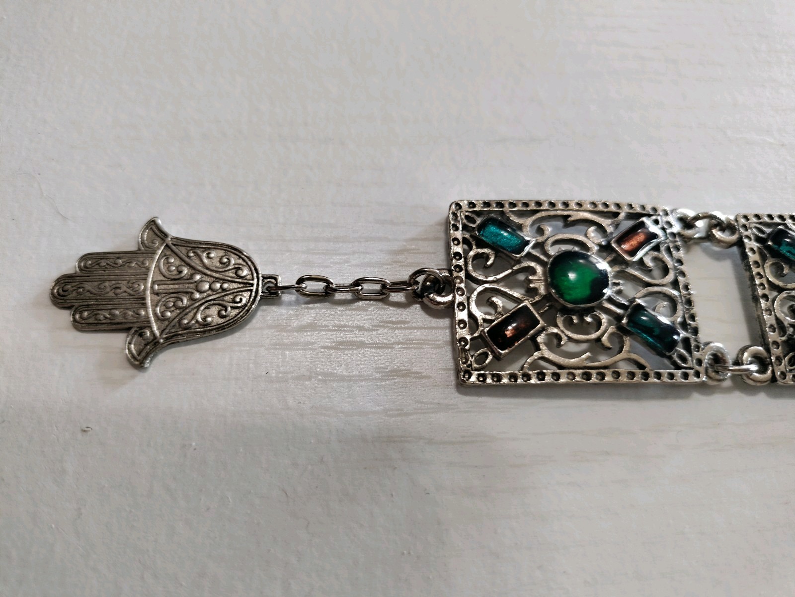 Souvenir Du Maroc Jewel tone Colors Link Bracelet w/ Hamsa Hand Moroccan Vintage