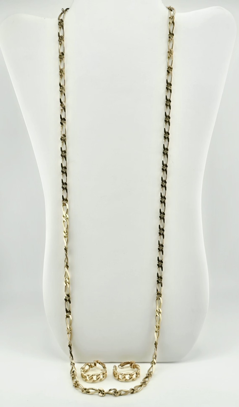 MONET 36″ LENGTH FIGARO CURB LINK NECKLACE☆ 1″ CLIP-ON EARRINGS☆GOLD-PLATED☆EC☆