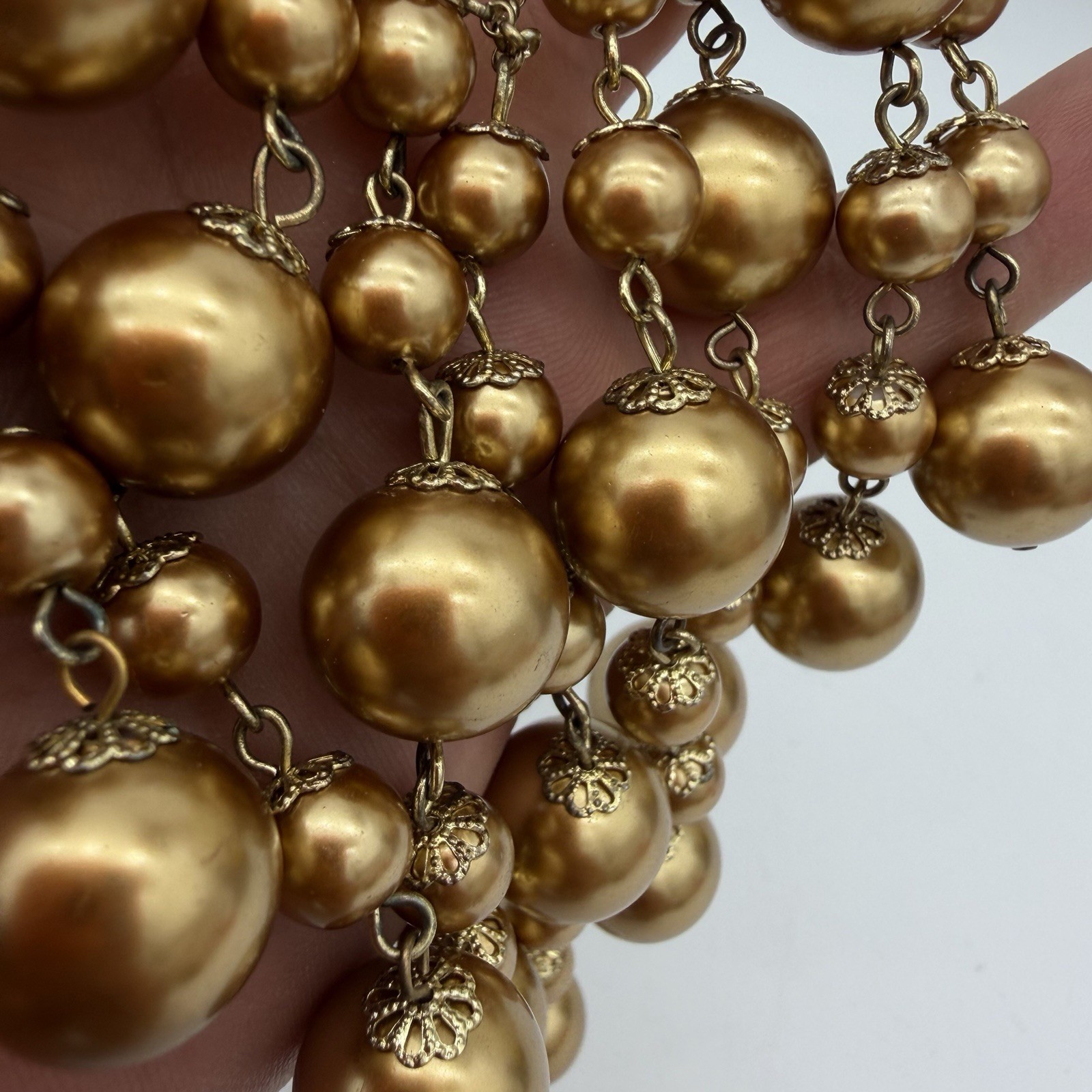 Fringe Necklace Ball Chain Dangle Tassel Gold Tone Pearly Glass Bead Heavy Large
