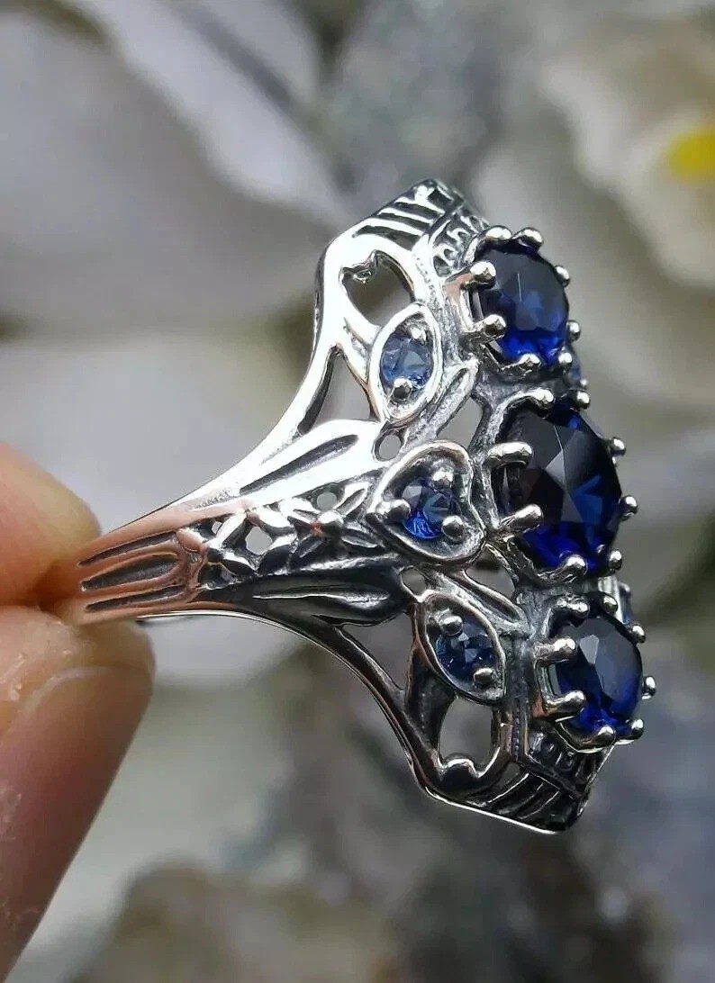 Art Deco 3.6Ct Blue Lab Created Sapphire Wedding 14K White Gold FN Filigree Ring