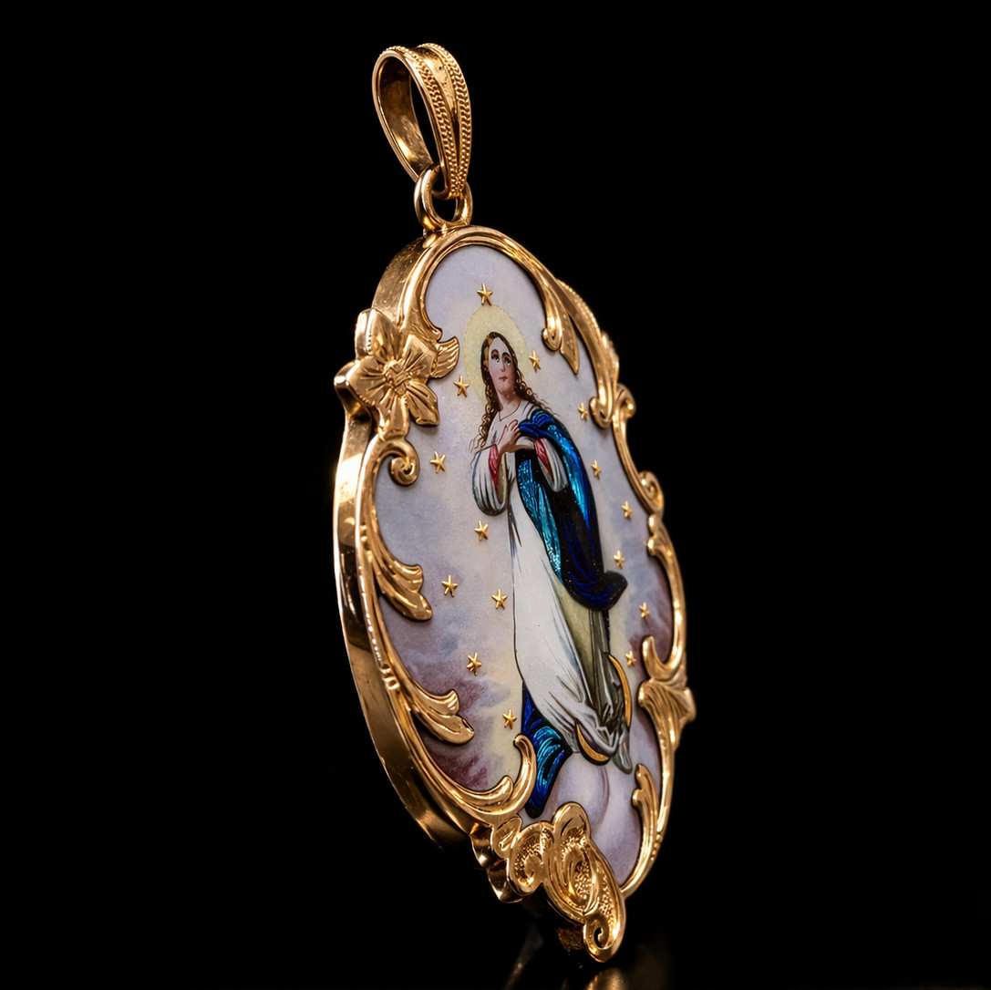 Antique 18K Gold Enamel Virgin Mary Pendant – 19th Century Religious Medal Rare