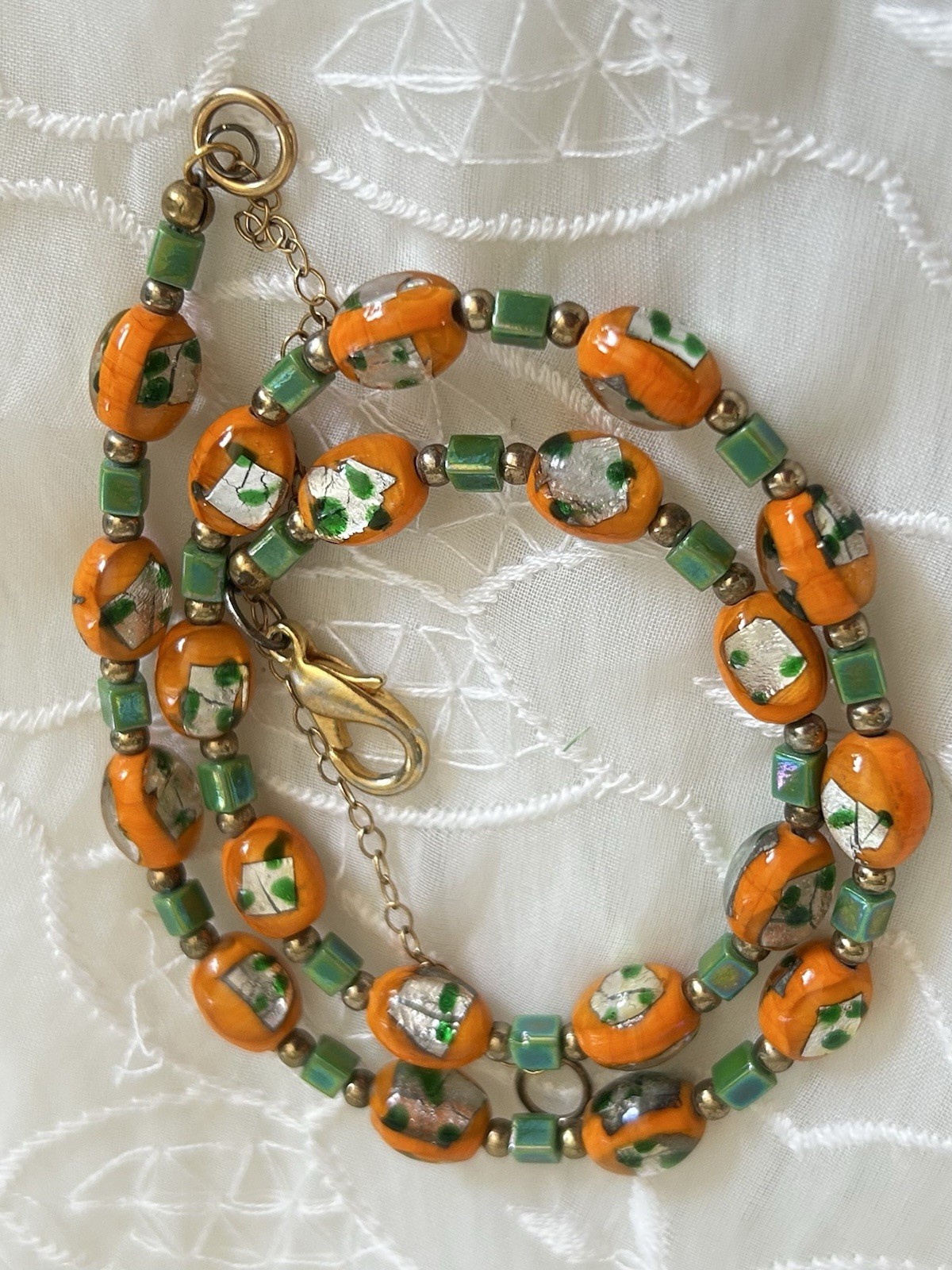 Vintage Orange Foil Art Glass Bead Necklace Green Spacers Murano Style Italy