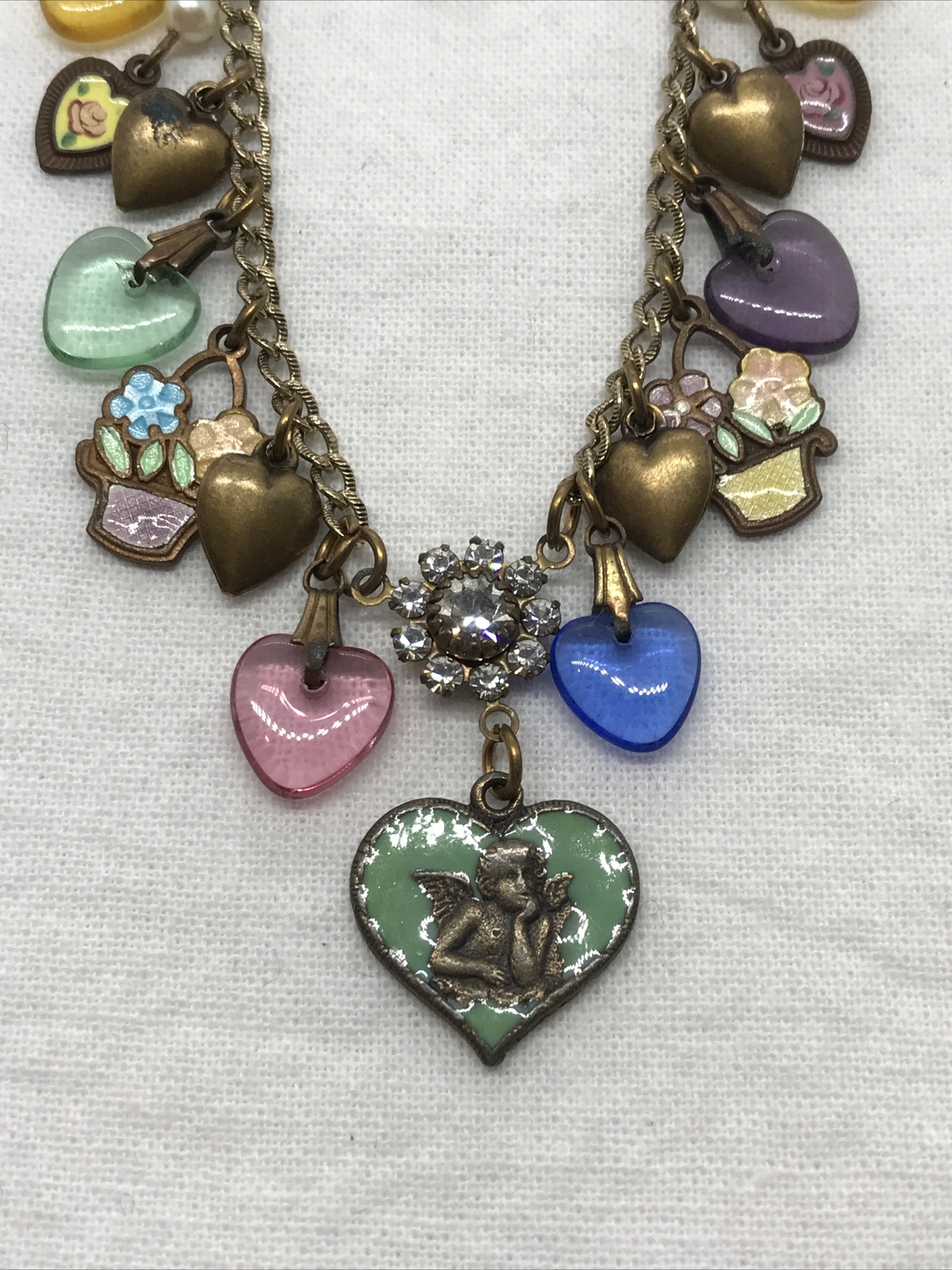 Vintage Glass Works Studio Glass & Brass Charms in Multi Colors Necklace 18