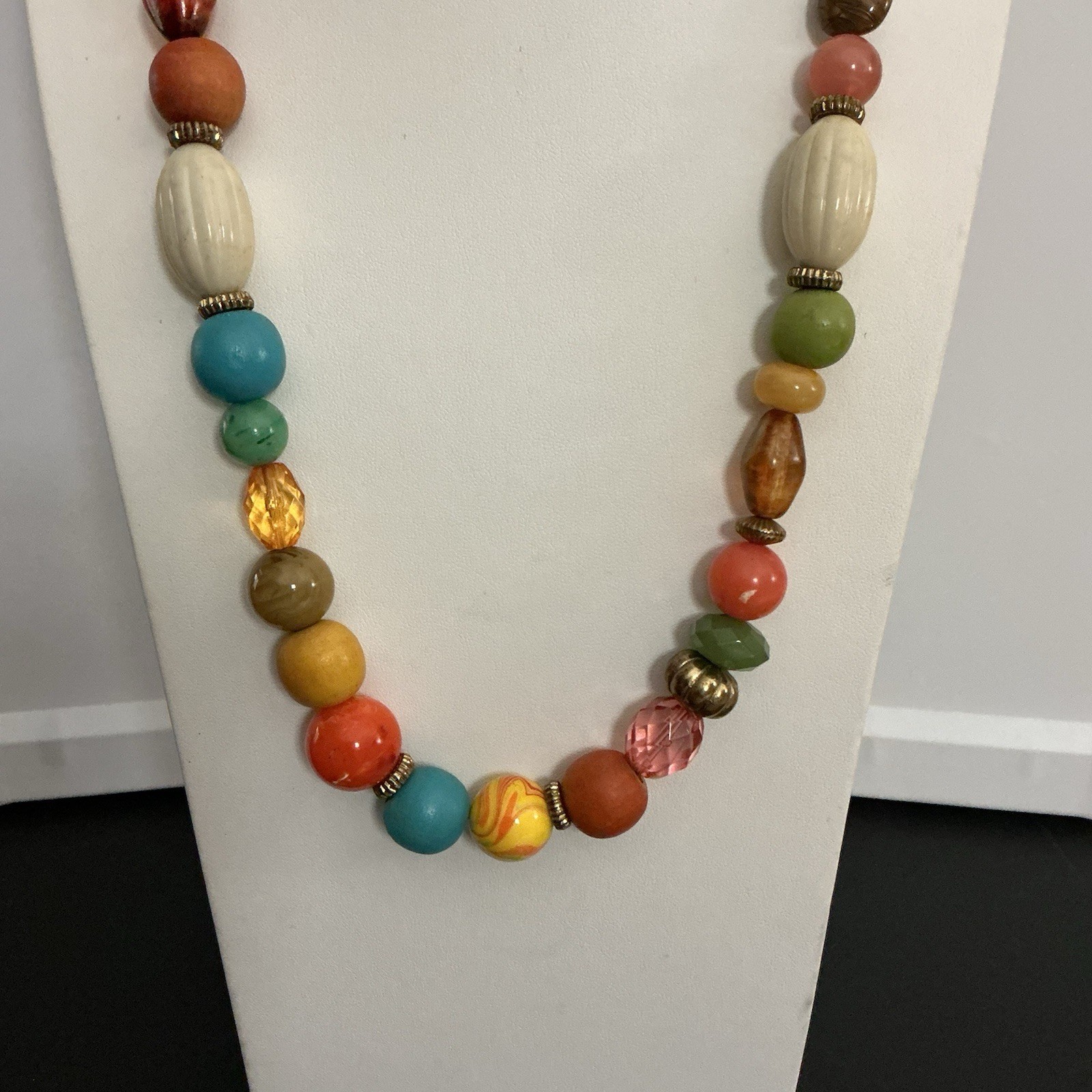 Vtg Necklace 28” Mixed Media Eclectic Beads Glass,Lucite,marble 80s Bohemian