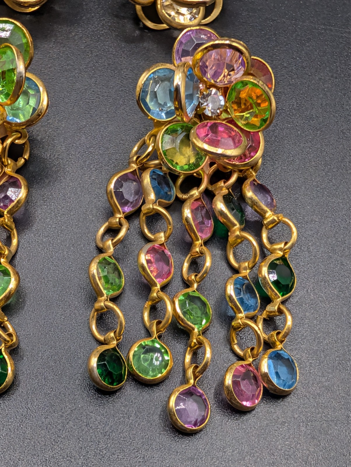 2 Pairs of Vintage Crystal Floral Cluster Gold Tone Earrings