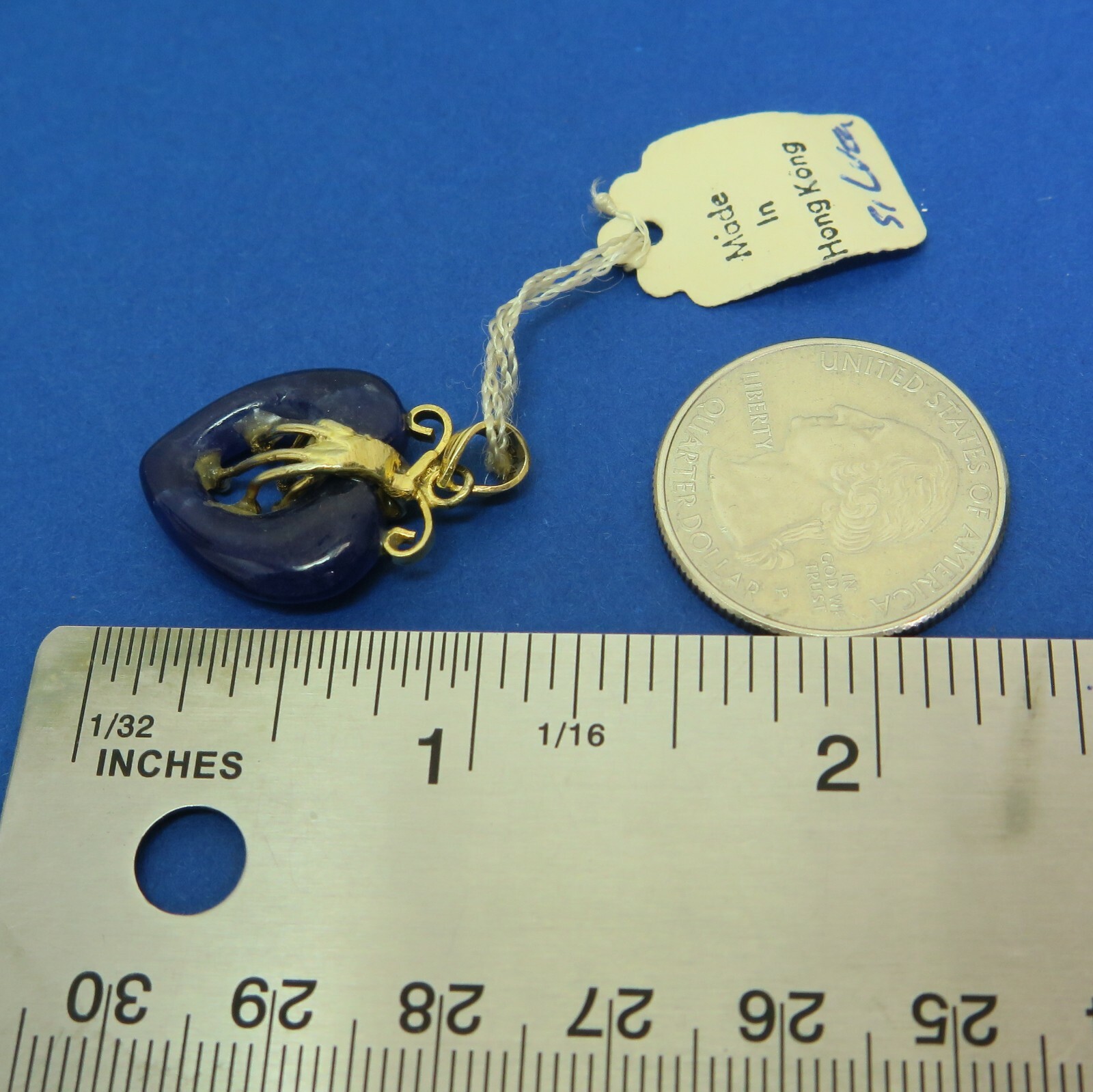 Vintage Blue Stone Open Heart Original Tag Gold Silver Hong Kong Pendant 1″ 2.9g