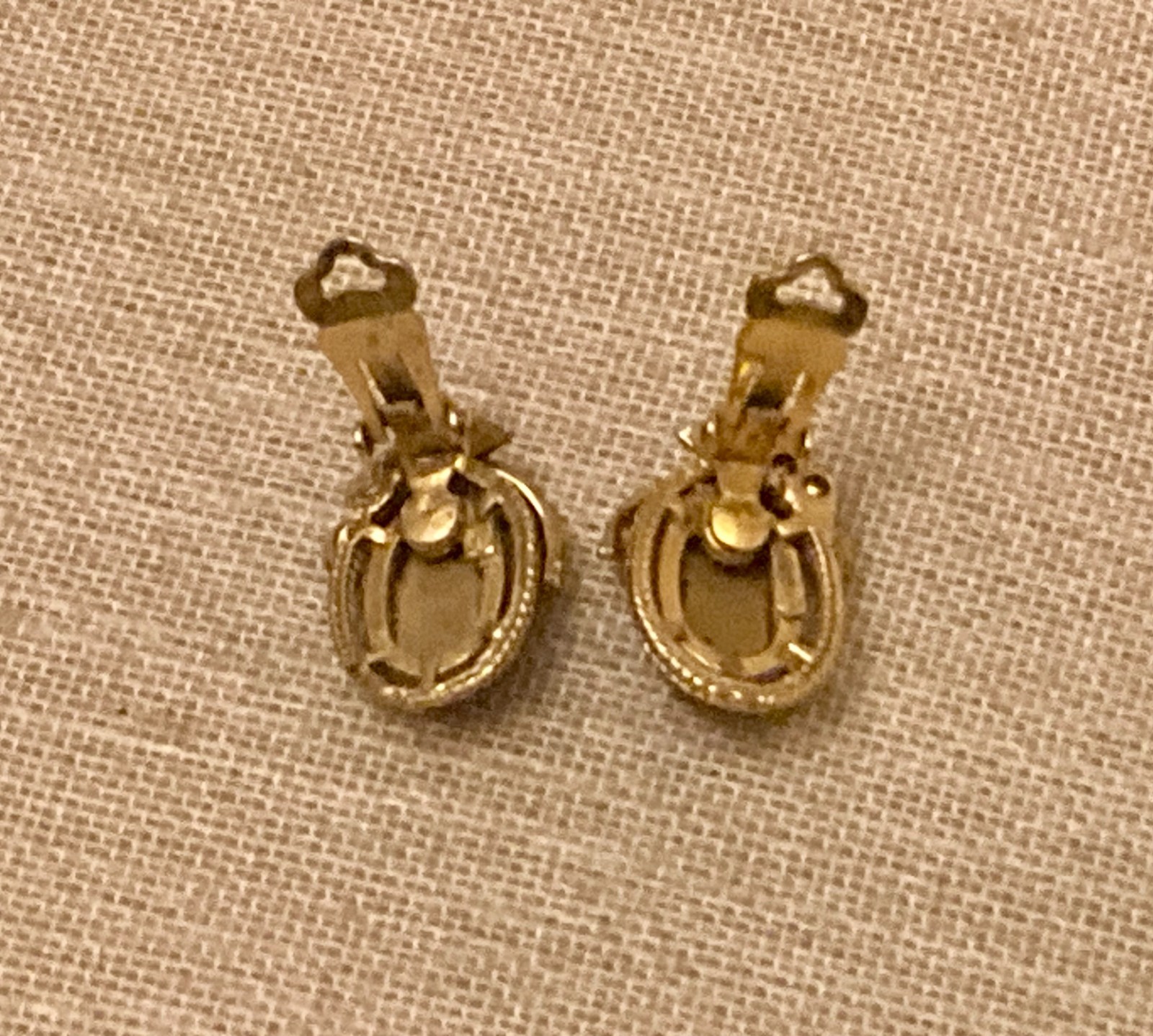 Vintage Faux Amber Glass Cabochon Earrings Gold Tone Leaf Faux Pearl Accent Clip