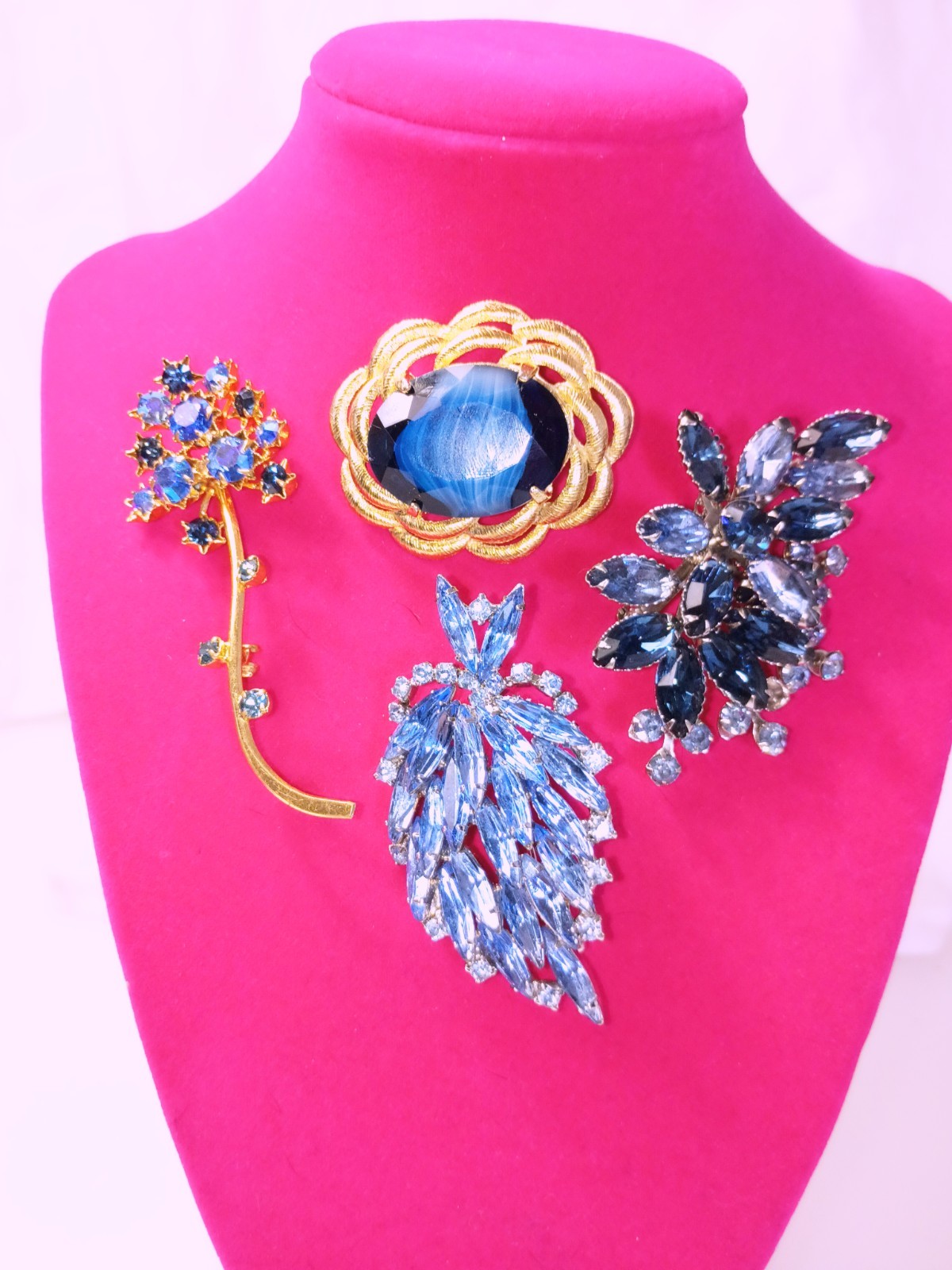 Rhinestone Costume Vintage Jewelry Lot, 4 Piece, Blue, Silver Tones, Gold Tones