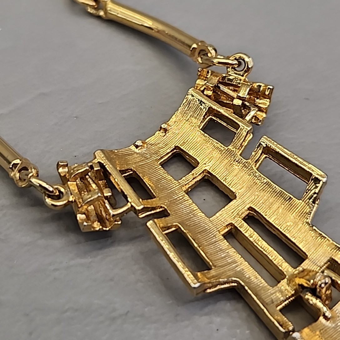 Vintage Modernist Necklace Gold Tone Geometric Dangle Pendant Articulated READ