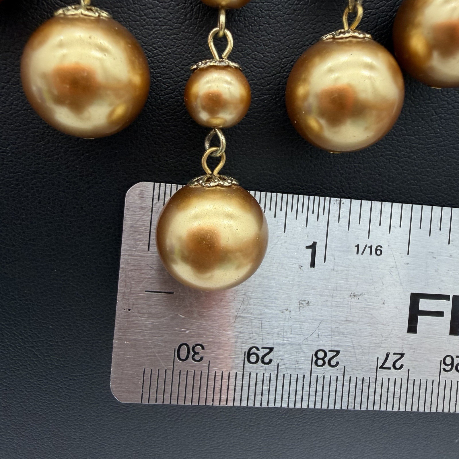Fringe Necklace Ball Chain Dangle Tassel Gold Tone Pearly Glass Bead Heavy Large