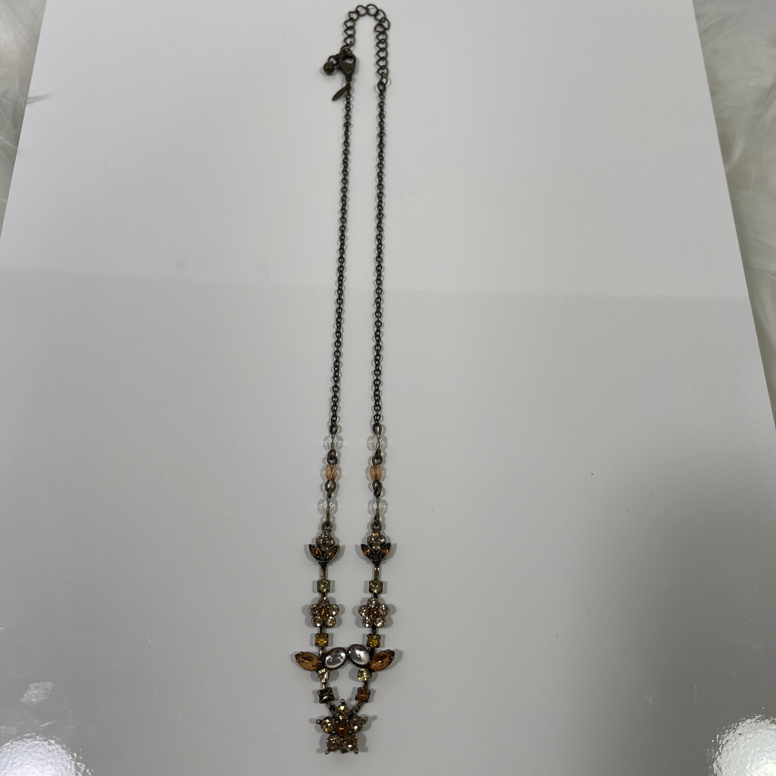 Antiqued Avon brass & topaz rhinestone Flower leaves necklace