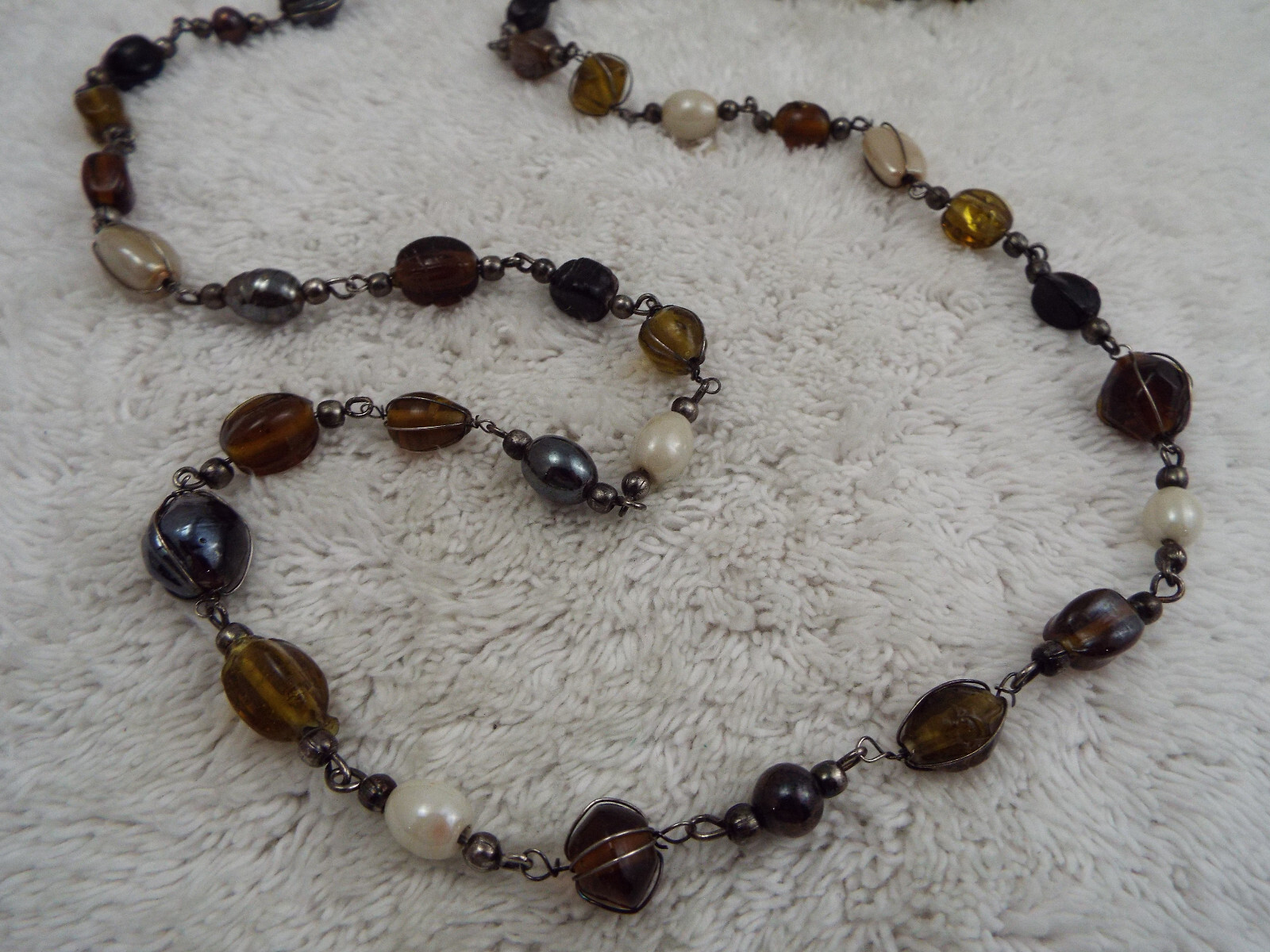 Gunmetal Amber Cream Black Glass Bead Chain Necklace (C61)