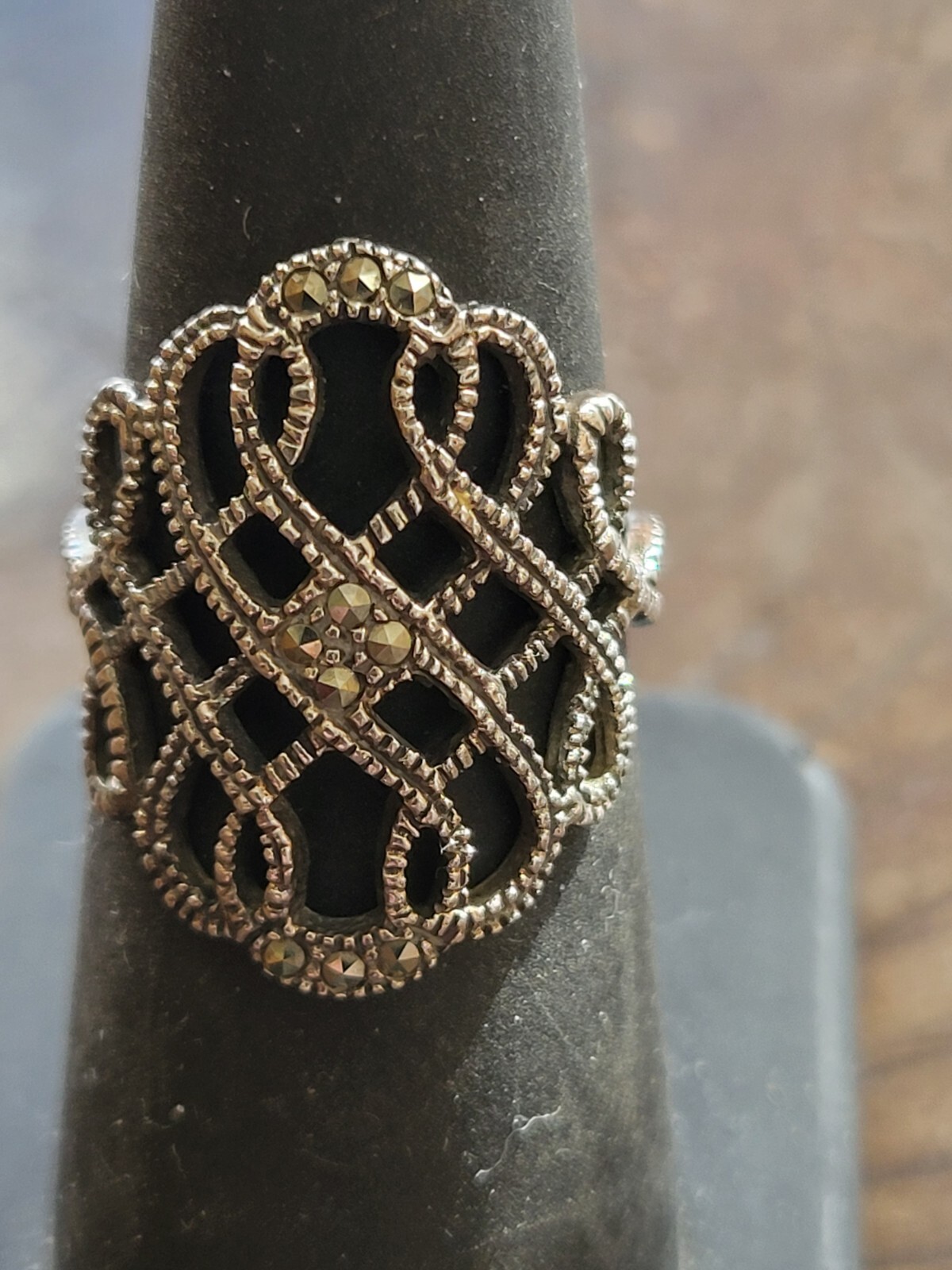 Vintage CW 925 Sterling Silver Scrolled Filigree Beaded Marcasite Ring Size 6.5