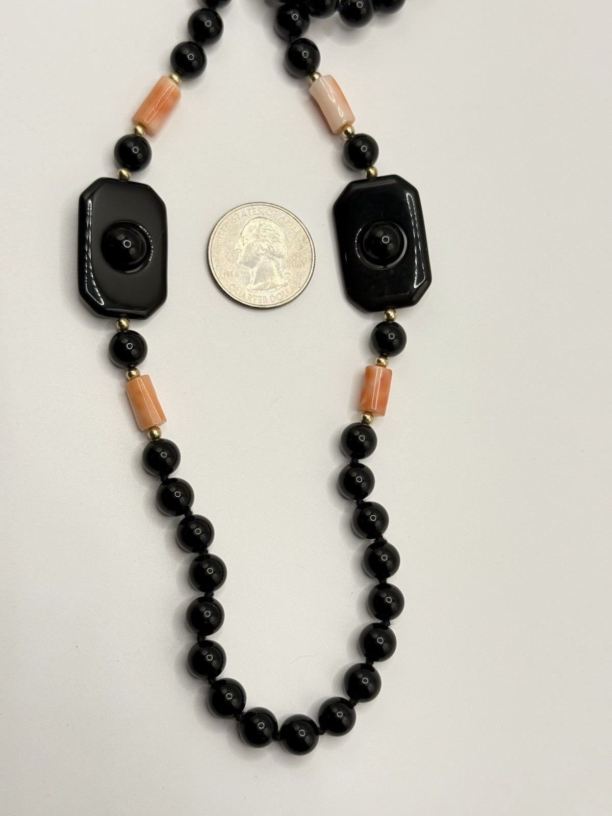 Vtg Black Onyx Pink Angel Skin Coral Necklace Chunky Statement Deco Geometric