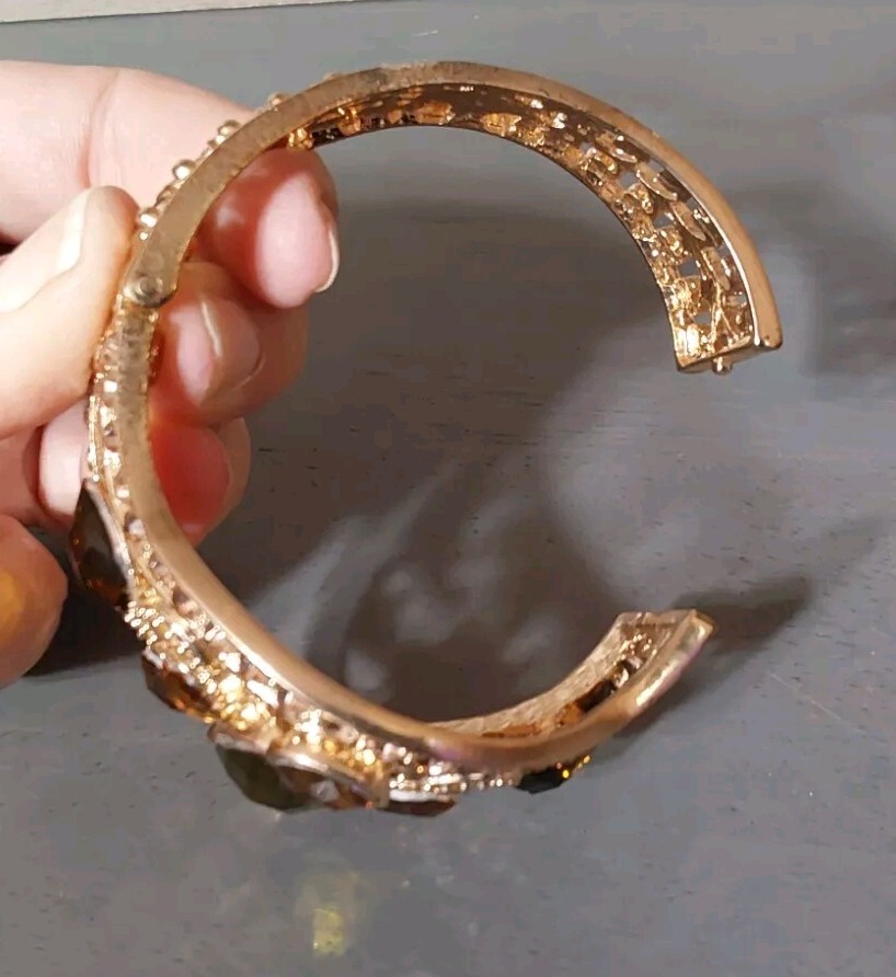 Chunky Gold Toned Fuax Gemstones Bracelet Hinged Opening