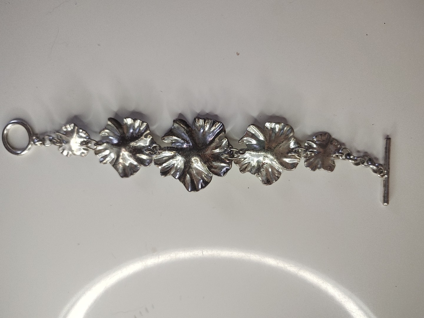 Vintage Flower Silver Tone Bracelet With Pearl Approximately 8 And 1/2 In Open