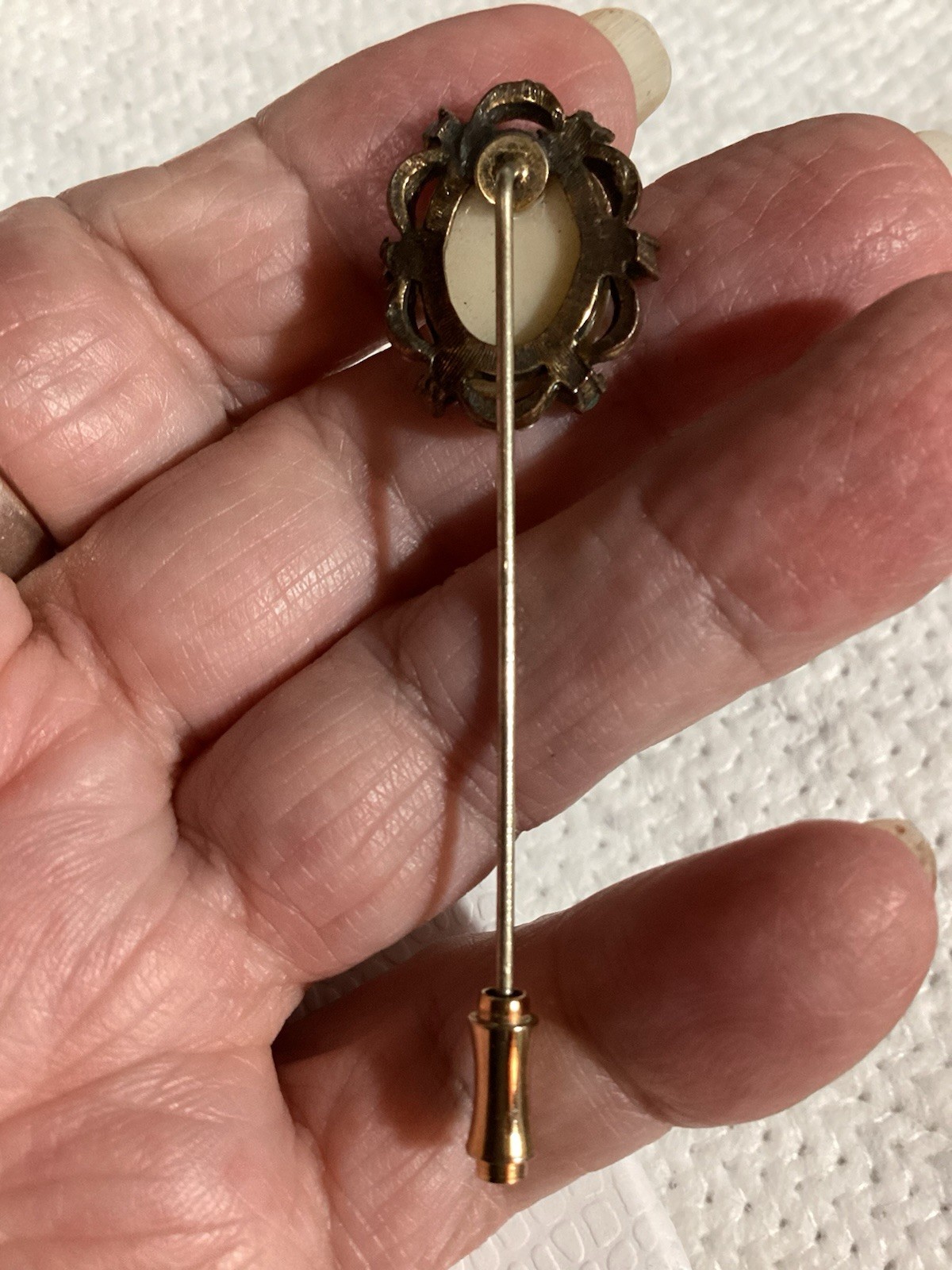 Vtg. Milk Glass Cameo Stick Pin Blue Purple Stones And Faux Pearls