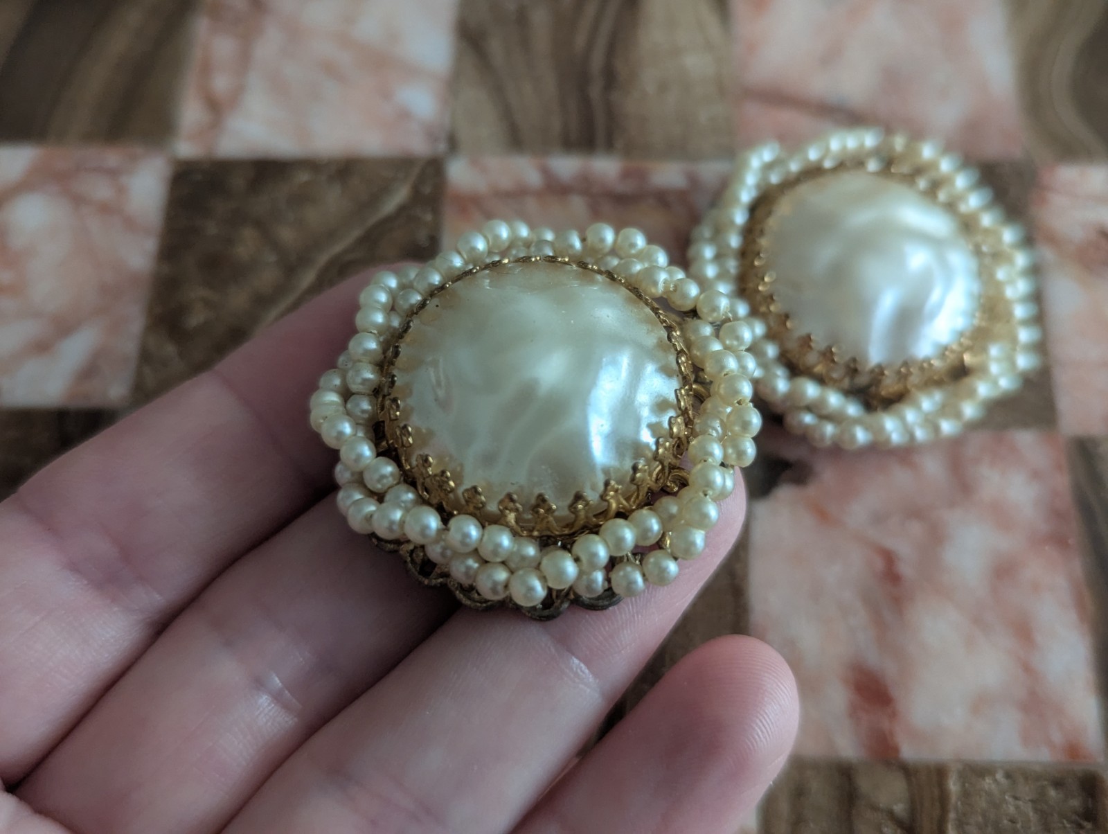 Miriam Haskell Large Pearl Ornate Cluster Statement Art Earrings Vtg Jewelry