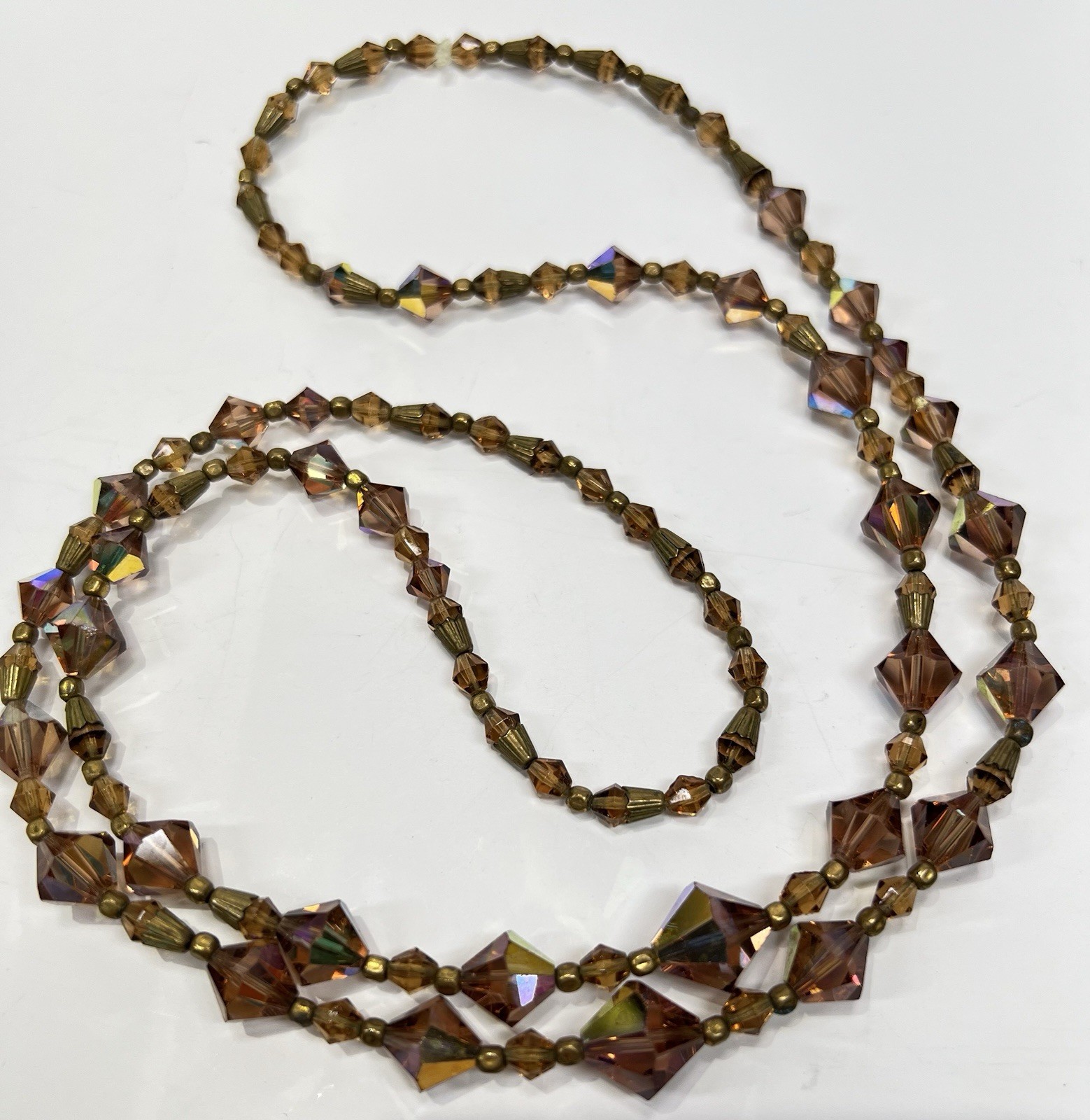Vintage Faceted Bicone Crystal AB Bronze & Metal Spacers Long Graduated Necklace