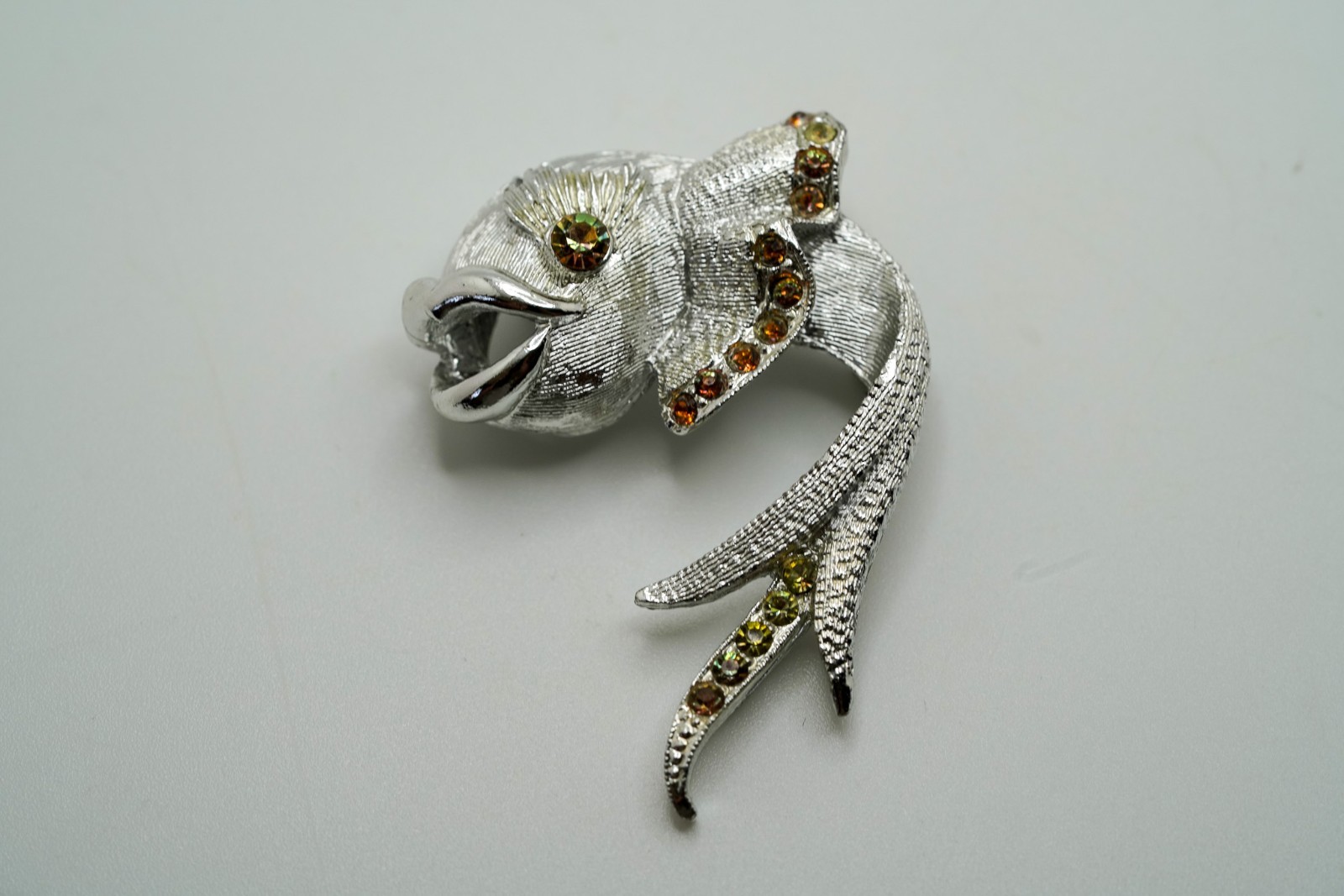 Vintage Silver Tone Rhinestone Mythological Fish Brooch Signed 4.8cm JB45