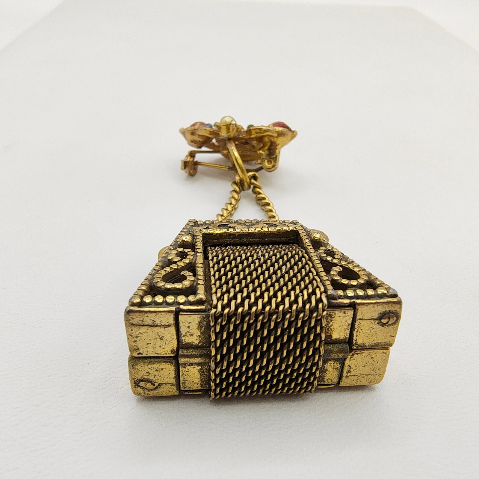 Vintage Purse Pill Box Brooch Pin Gold Tone Chatelaine Multicolor Rhinestone