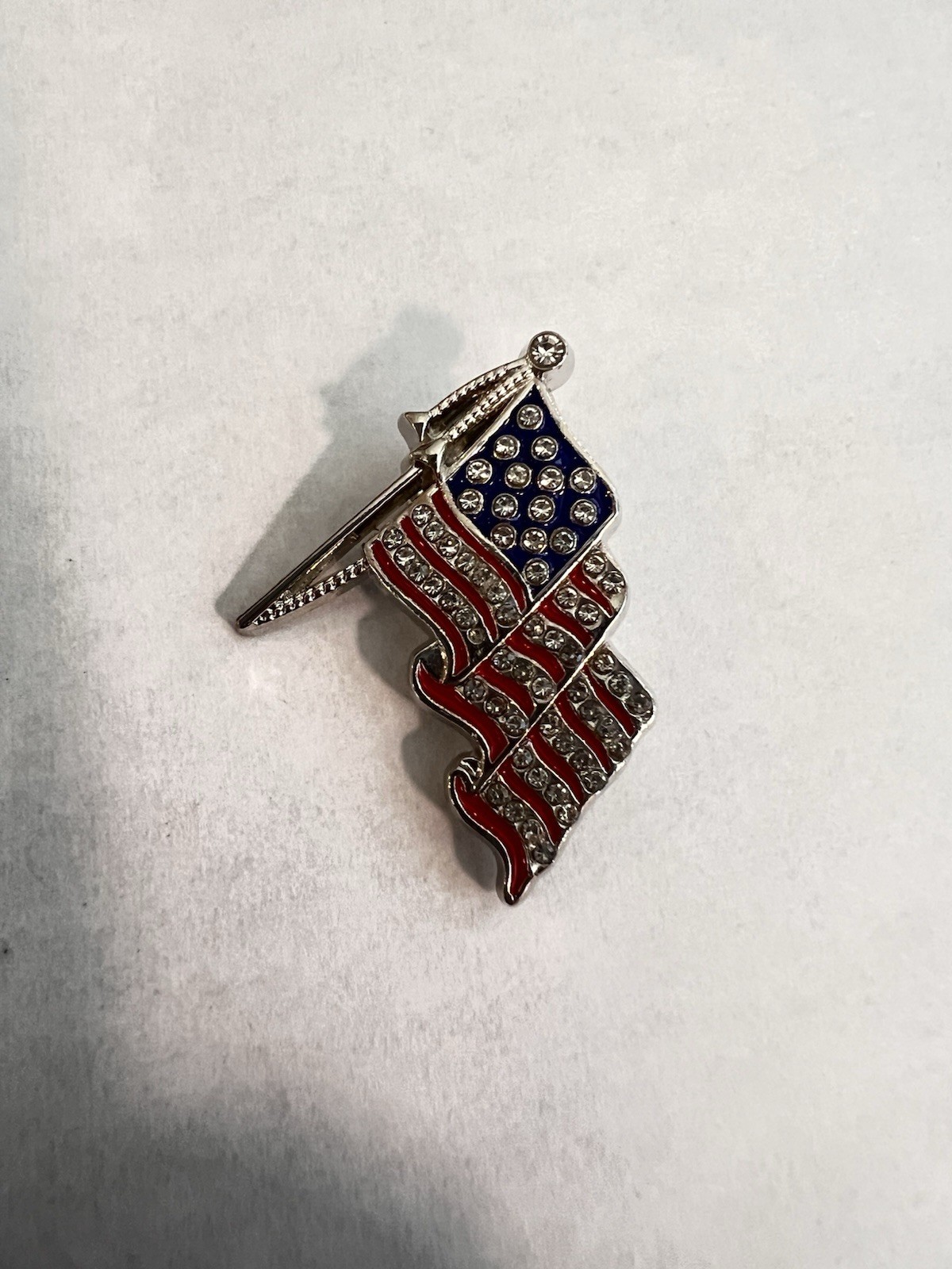 Rhinestone American Flag Brooch Pin Patriotic USA Red White Blue Silver Tone