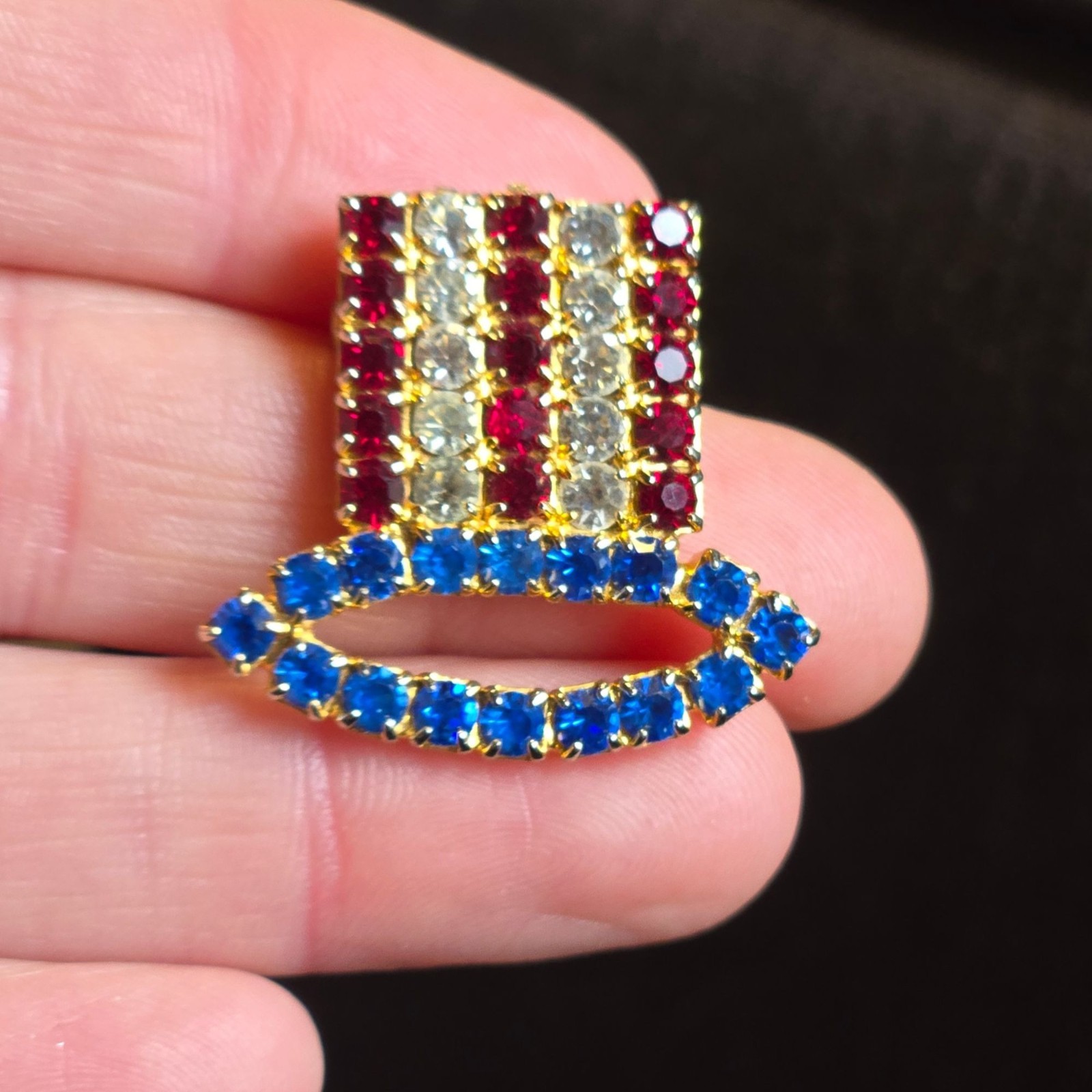 VTG Uncle Sam Hat Patriotic Brooch Red White Blue Glass Rhinestones Jewelry USA