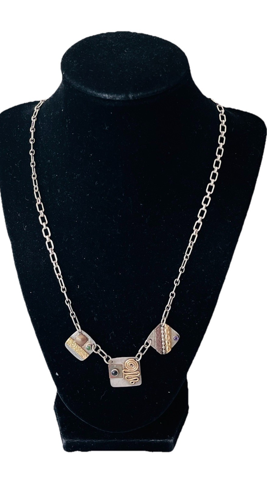 Vintage Signed MA Modernist Mixed Metal Sterling Silver Stone Link Necklace 20”